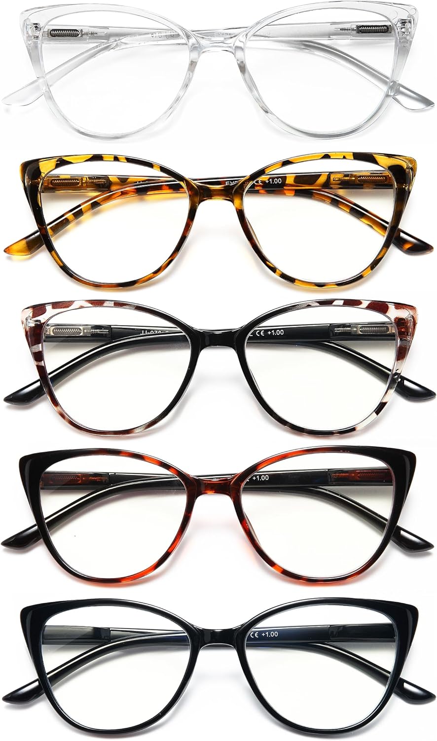 EYEURL Paquete de 5 lentes de lectura para mujer, diseño de ojo de gato, bloqueo de luz azul, lentes de computadora de moda con bisagra de resorte,