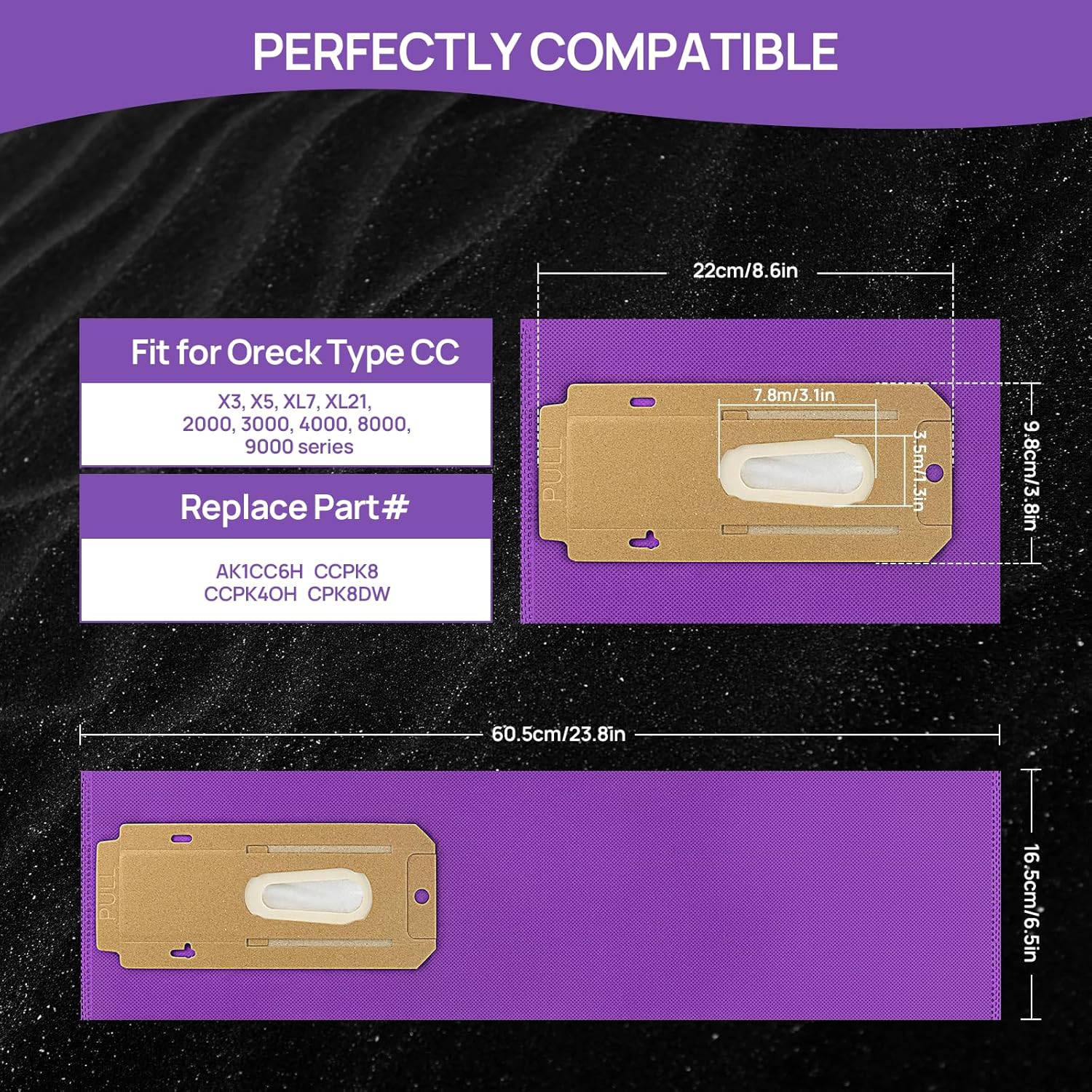 Paquete de 12 bolsas verticales de repuesto para aspiradora CC HEPA color morado, parte AK1CC6H, aptas para todos los modelos Oreck Elevate X3, X5,