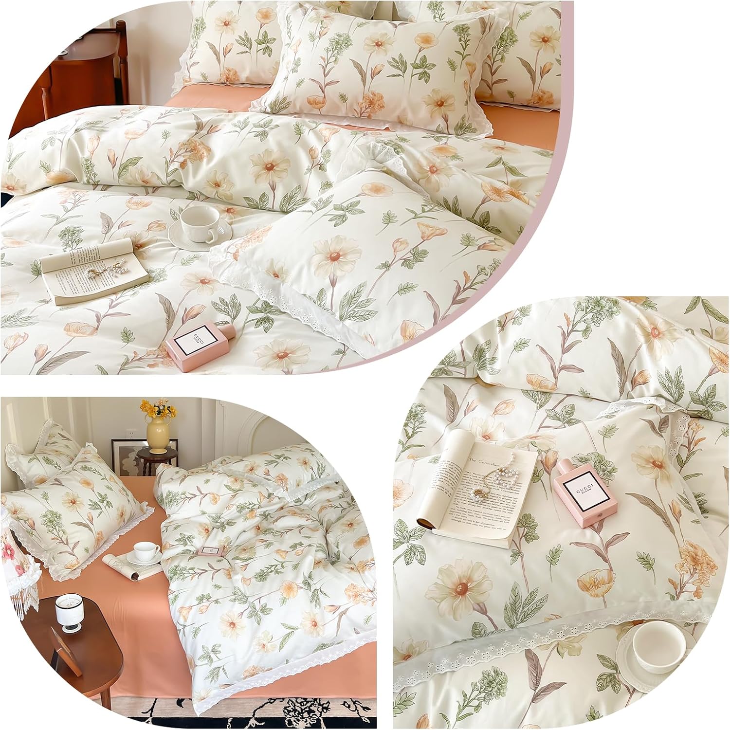OTOB Juego de funda de edredón floral, tamaño Queen, color beige, 100% algodón, con cierre de cremallera, 4 lazos para todas las estaciones, funda