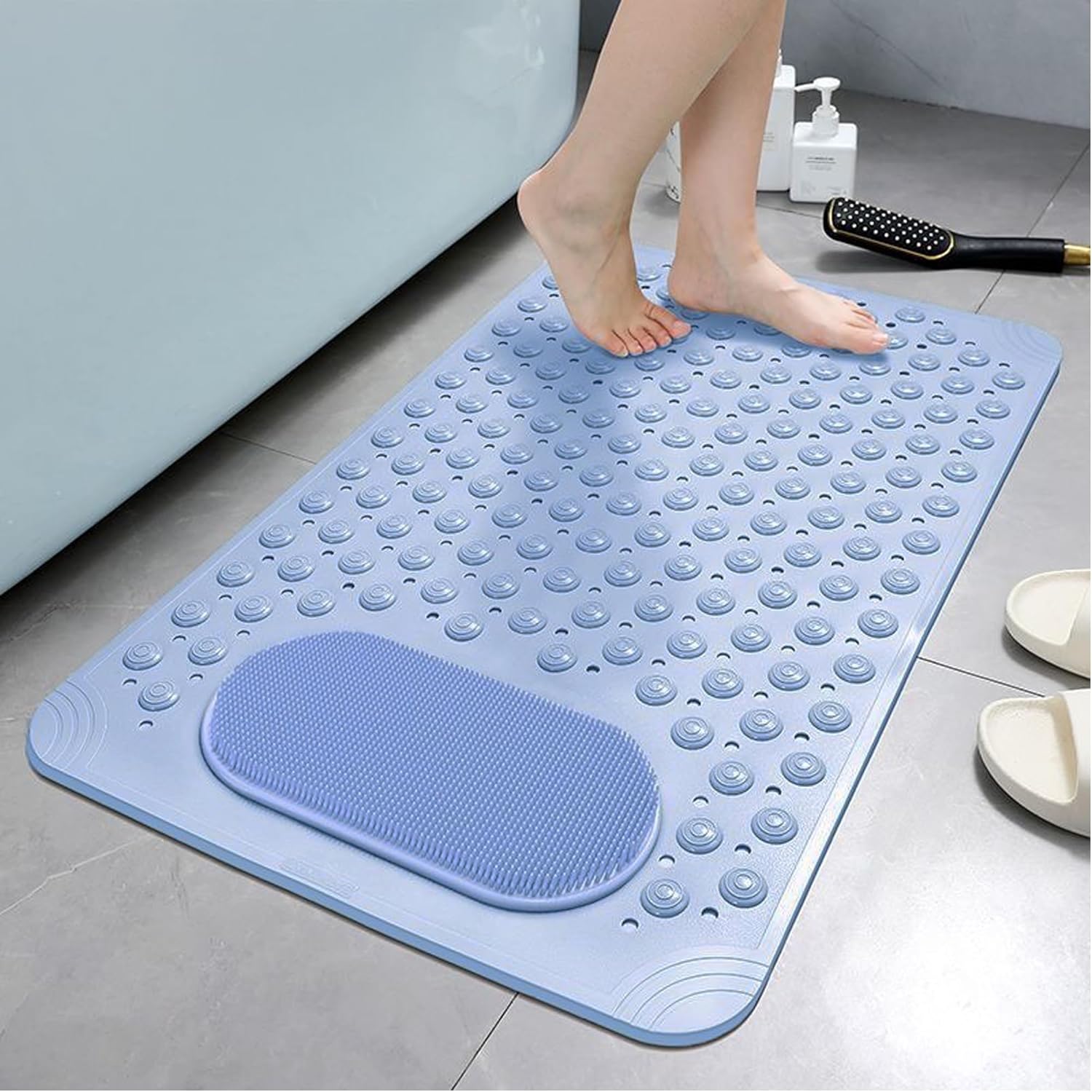 YCT Tapete de ducha antideslizante para bañera, con ventosas, orificios de drenaje, masaje de pies, 27.5 x 14.2 pulgadas, azul