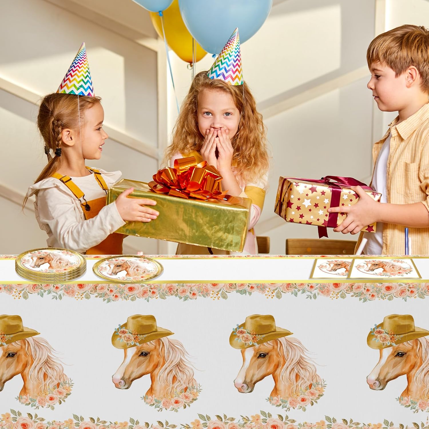 41 piezas de suministros para fiesta de cumpleaños de caballo, decoración de fiesta de vaquera, vajilla de 20 platos y 20 servilletas, 1 mantel para