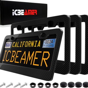 ICBEAMER Marcos de placa de fibra de carbono negra, 2 agujeros de tornillo preperforados con kit de instalación, ajuste universal, seguro para ICBEAMER Marcos de placa de fibra de carbono negra, 2 agujeros de tornillo preperforados con kit de instalación, ajuste universal, seguro para