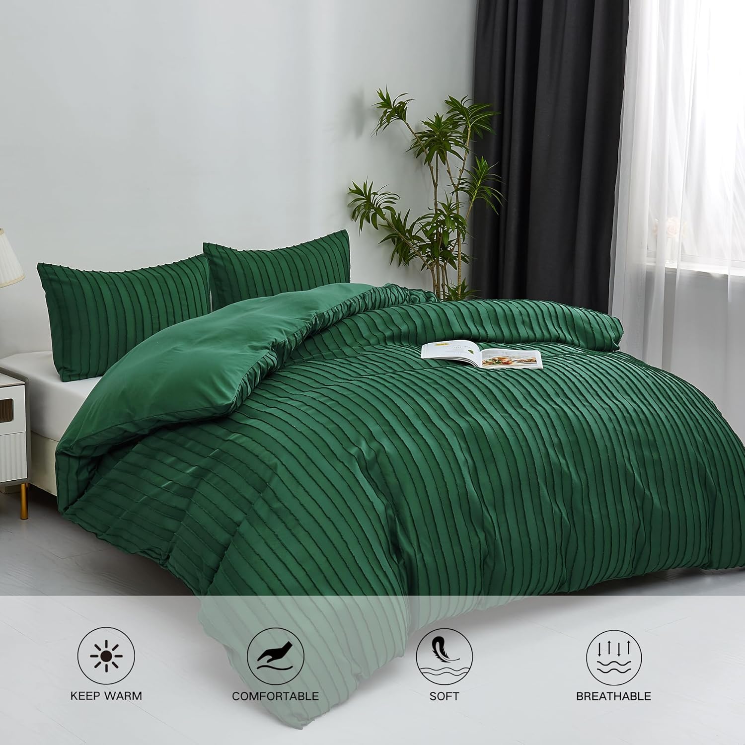 Juego de funda de edredón bohemio tamaño individual, juego de funda de edredón con textura a rayas para niños, juego de ropa de cama bordado ultra