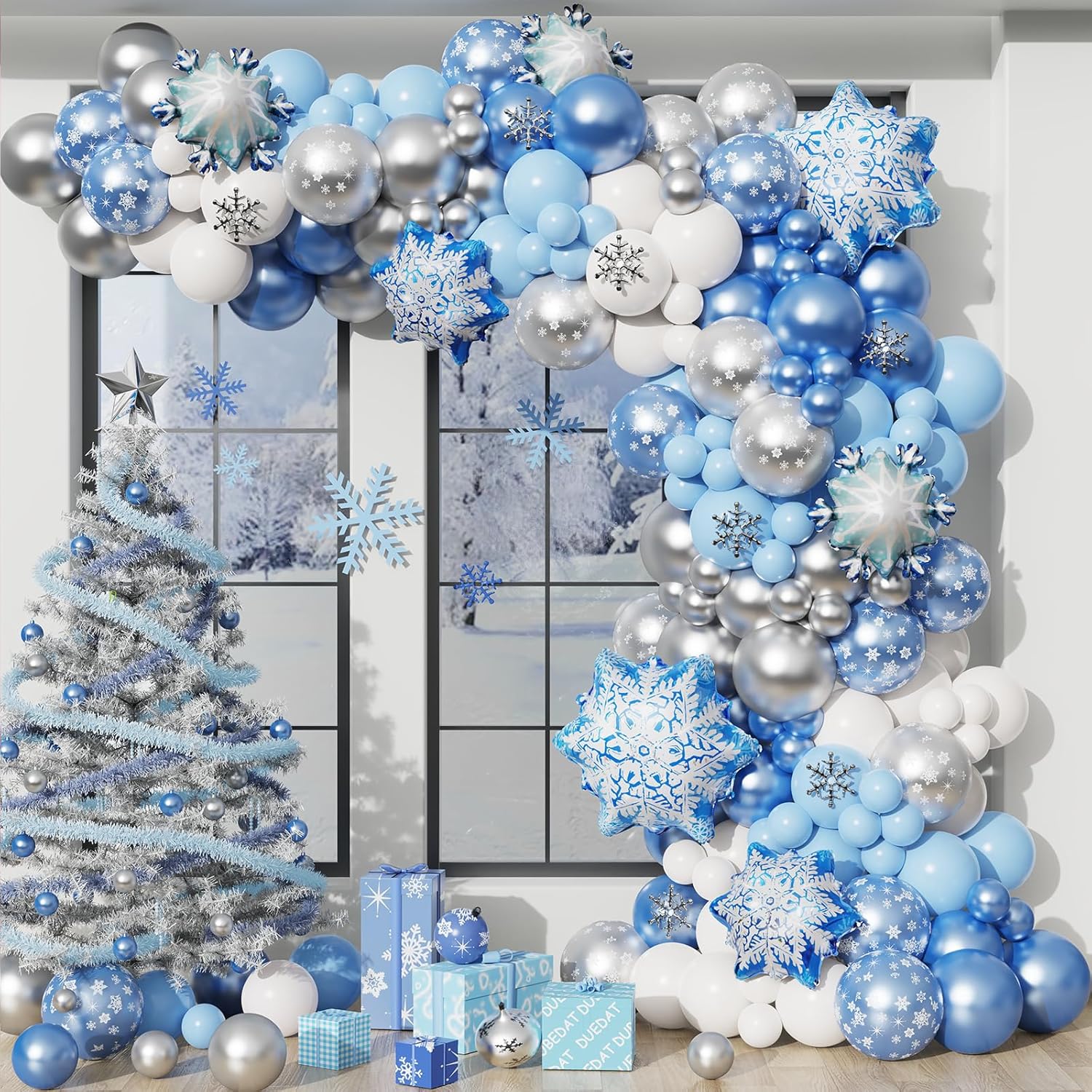 Kit de arco de guirnalda de globos de copo de nieve azul con copos de nieve con globos de látex plateados y azules y blancos, juego para invierno de