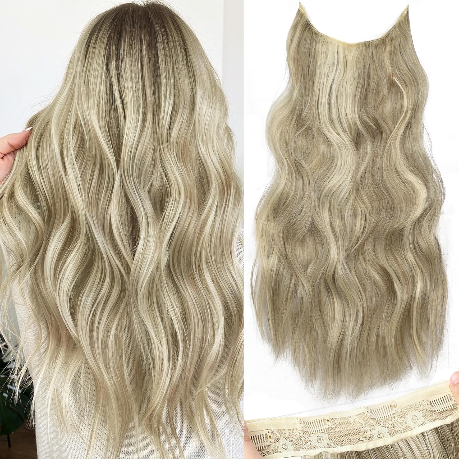 KooKaStyle Extensiones de cabello con alambre invisible con diadema transparente, tamaño ajustable, 4 clips de seguridad, largo, ondulado, alambre