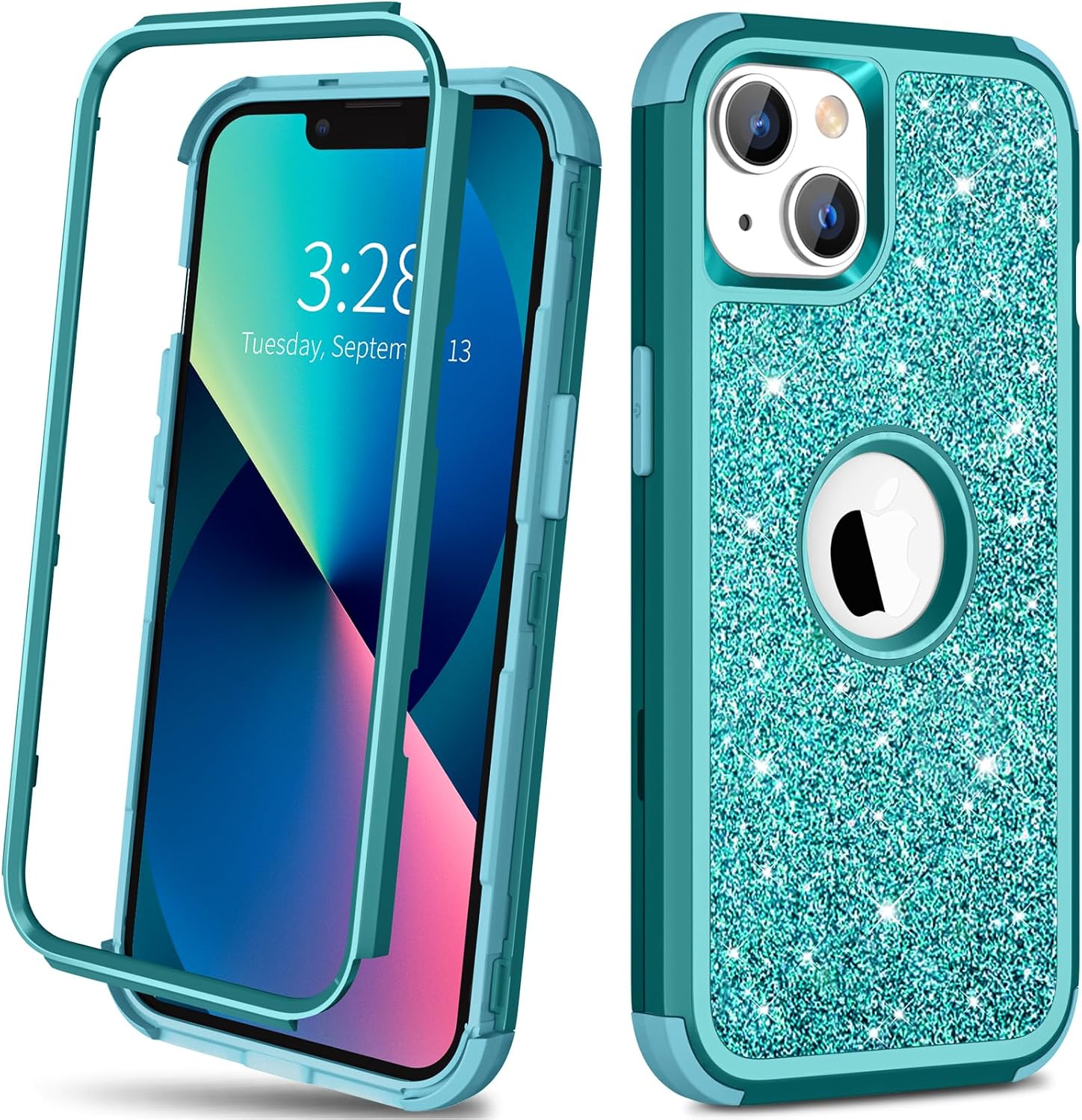Hython Funda para iPhone 13 con purpurina, bonita funda brillante brillante, resistente 3 en 1, híbrida de policarbonato duro suave, TPU suave,