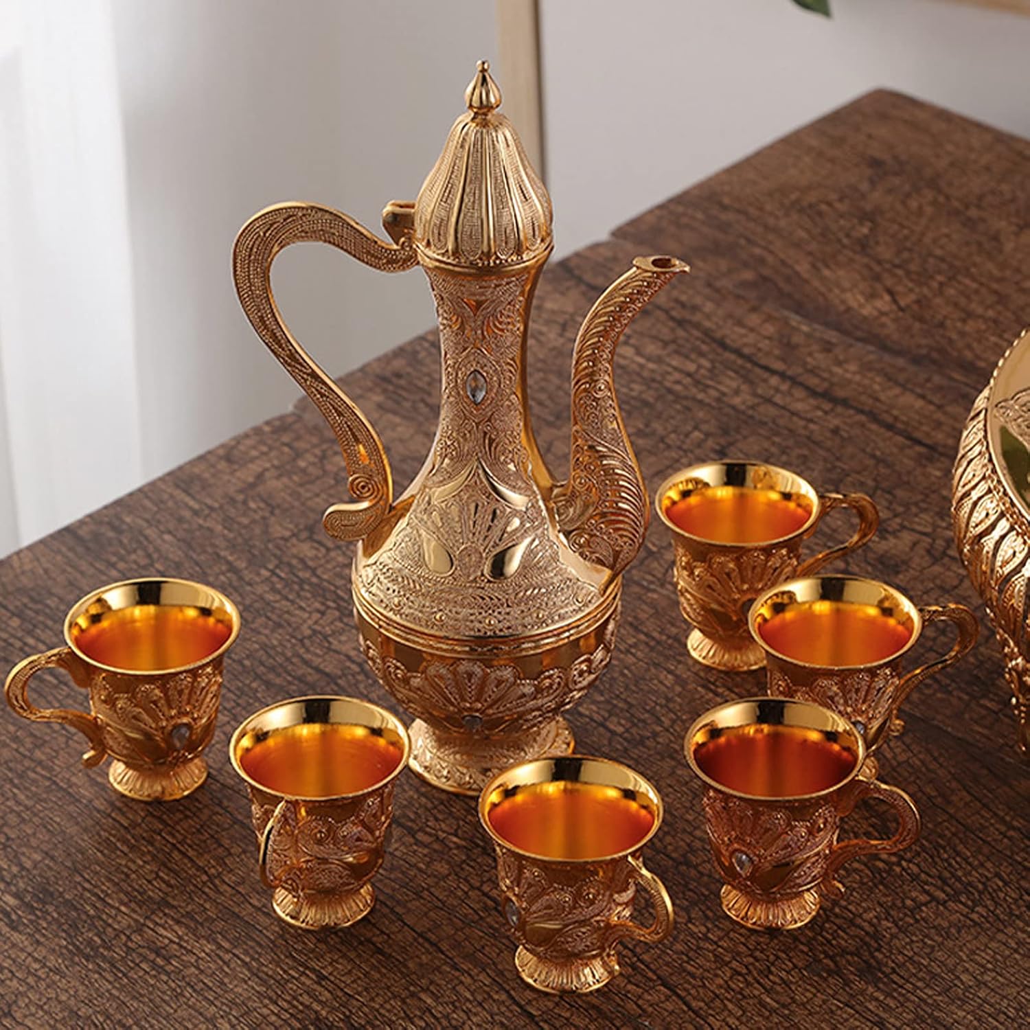 Juego de taza de café turca y tetera que incluye tetera, bandeja de té, 6 tazas de metal, juego de servicio de té para decoración de mesa de té,