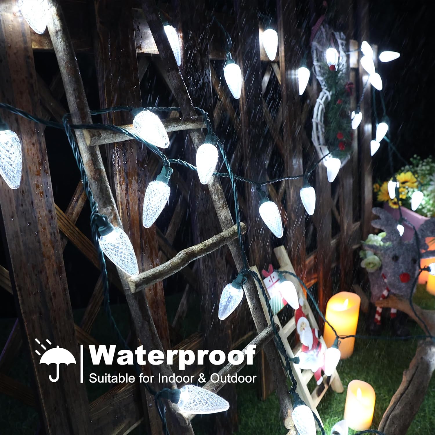 Brizled Luces de Navidad C9 blancas, 33 pies, 50 luces LED facetadas para exteriores, luces de árbol de Navidad conectables, luces de Navidad para