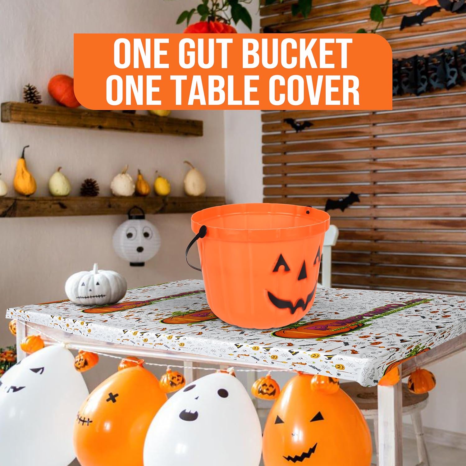 Cubo de calabaza de Halloween y cubierta de mesa con temática de Halloween para una fácil limpieza, cubo de calabaza de plástico para recoger las