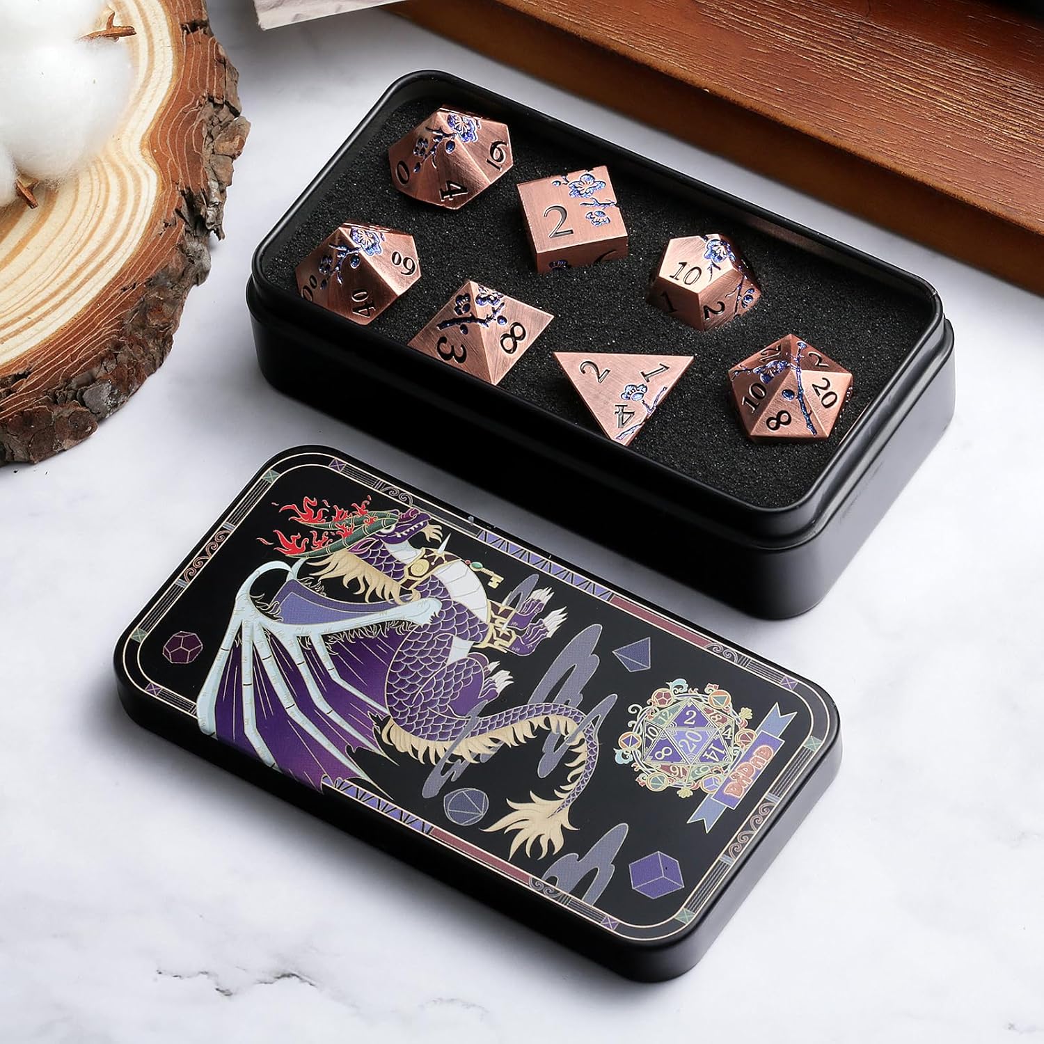 DNDND Dados de metal, 7 piezas de dados DND de flores metálicas sólidas pesadas con estuche de regalo maravilloso para juego de mesa D&D Dungeons