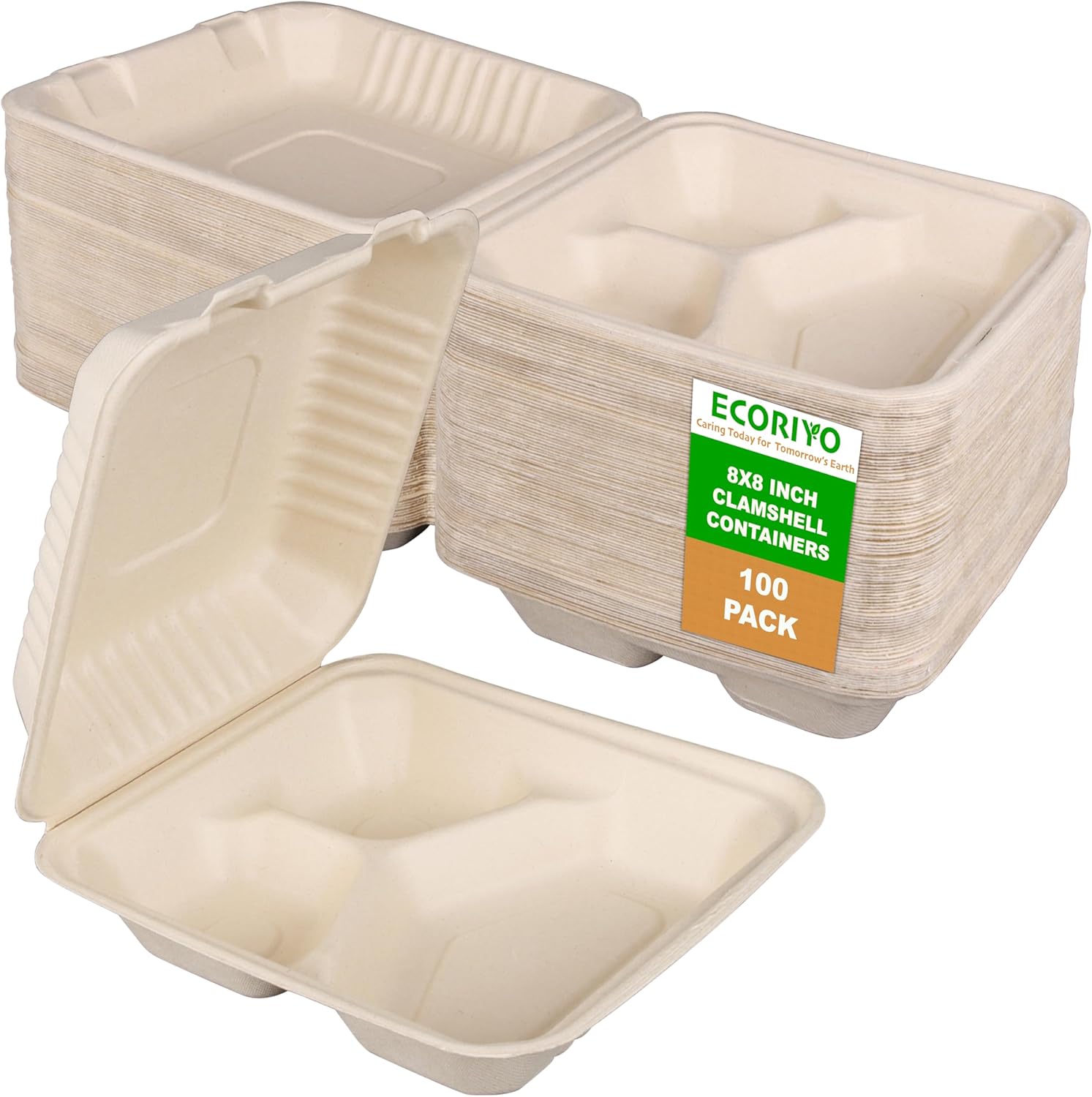ECORIYO Contenedores de 3 compartimentos para llevar con tapas, paquete de 100 cajas para llevar, recipientes desechables para alimentos, platos de
