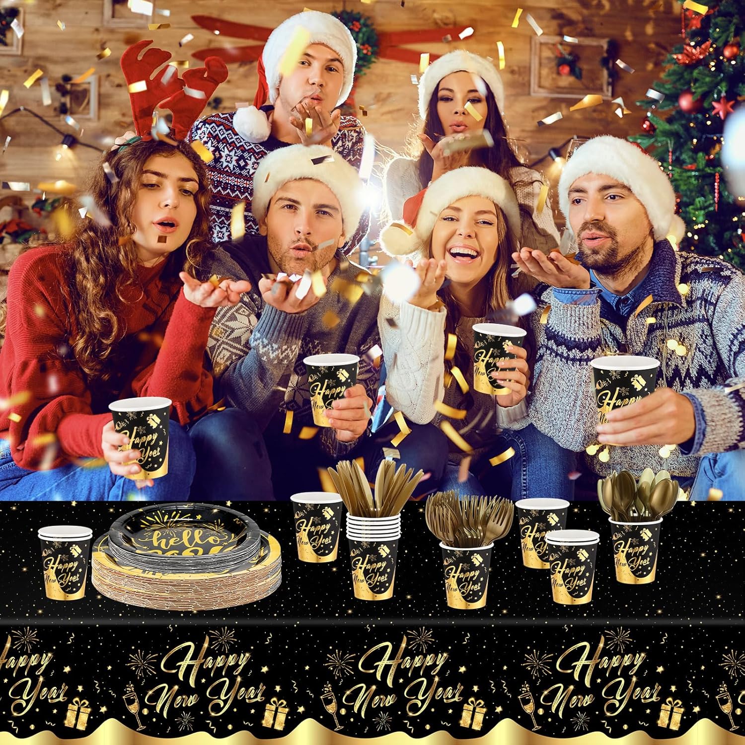 Yaomiao Juego de vajilla desechable de 146 piezas de feliz año nuevo 2024, suministros de fiesta de Año Nuevo, mantel desechable, taza de papel,