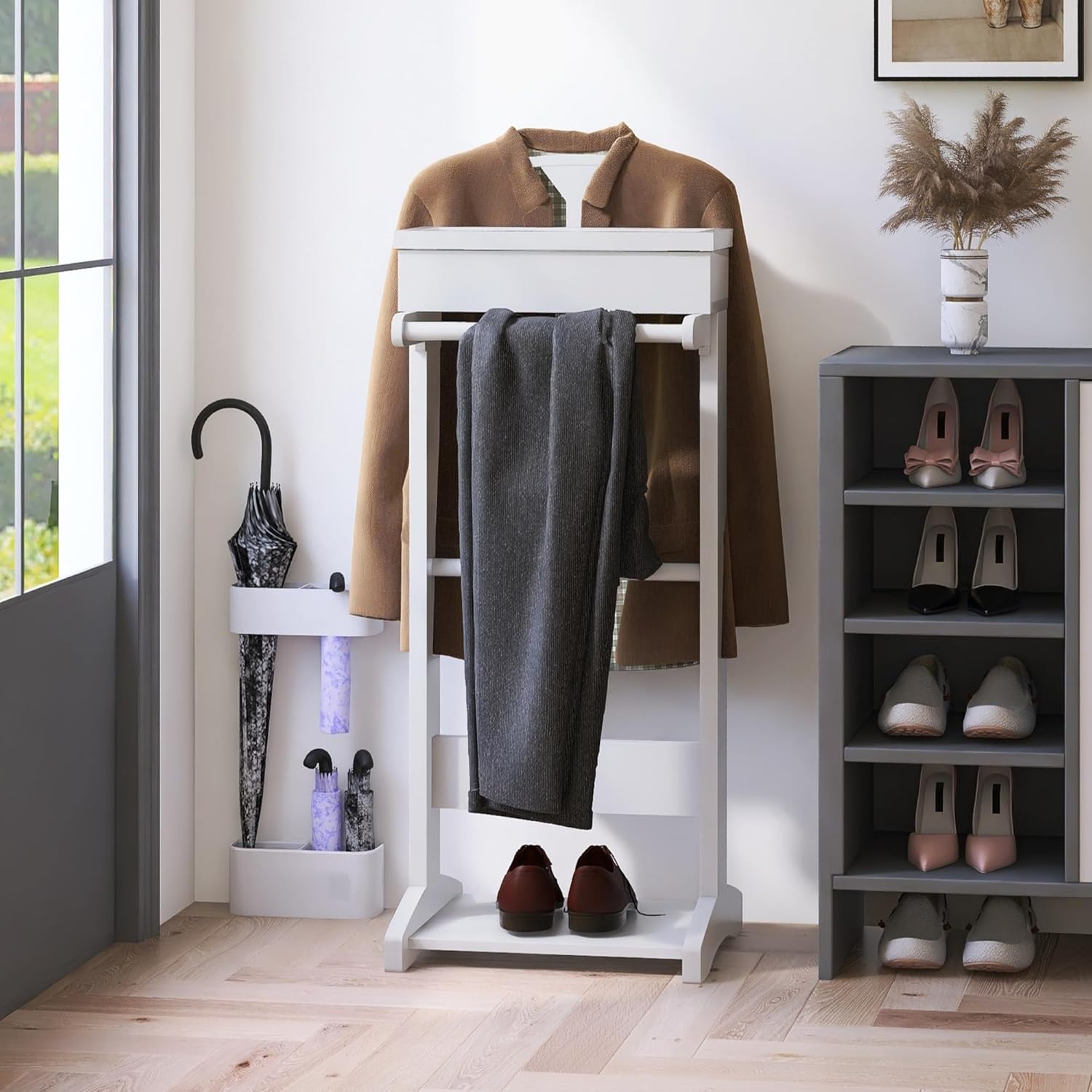 GLSCASA Soporte de valet para ropa, sombrero, organizador de almacenamiento, exhibición de pie, color blanco