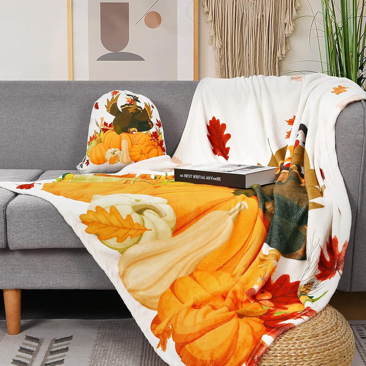 Manta de Acción de Gracias con bolsa de regalo, bonita manta de pavo de otoño para adultos, suave y cómoda manta de vellón de calabazas para sofá