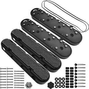 Cubiertas de válvula de aluminio con aletas negras con soportes de bobina y cubierta compatibles con LS1 LS2 LS3 LS6 LS7 Chevy Small Block V8 293 Cubiertas de válvula de aluminio con aletas negras con soportes de bobina y cubierta compatibles con LS1 LS2 LS3 LS6 LS7 Chevy Small Block V8 293