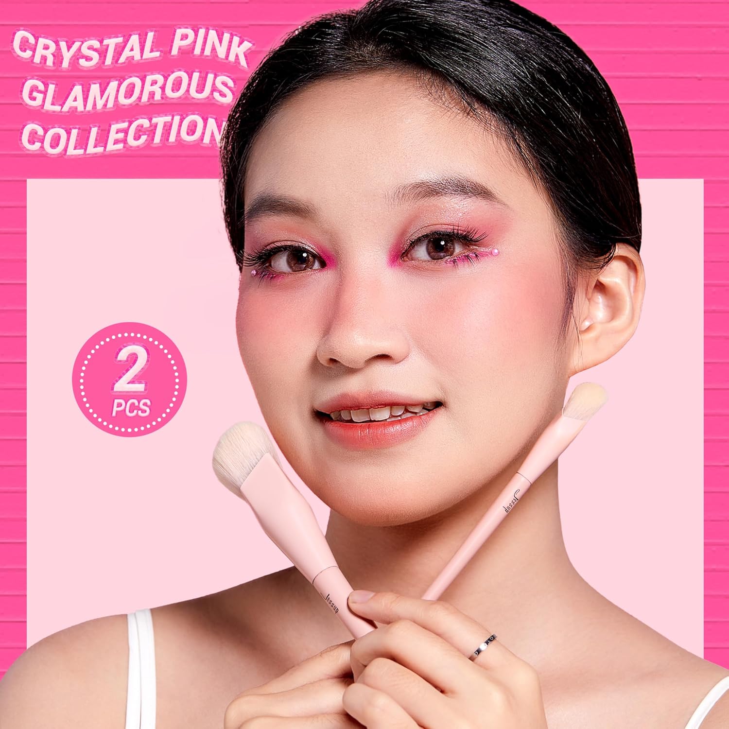 Jessup Brocha para base y correctora, juego de 2 brochas de maquillaje rosa, brochas de maquillaje sintéticas prémium para crema líquida, T497