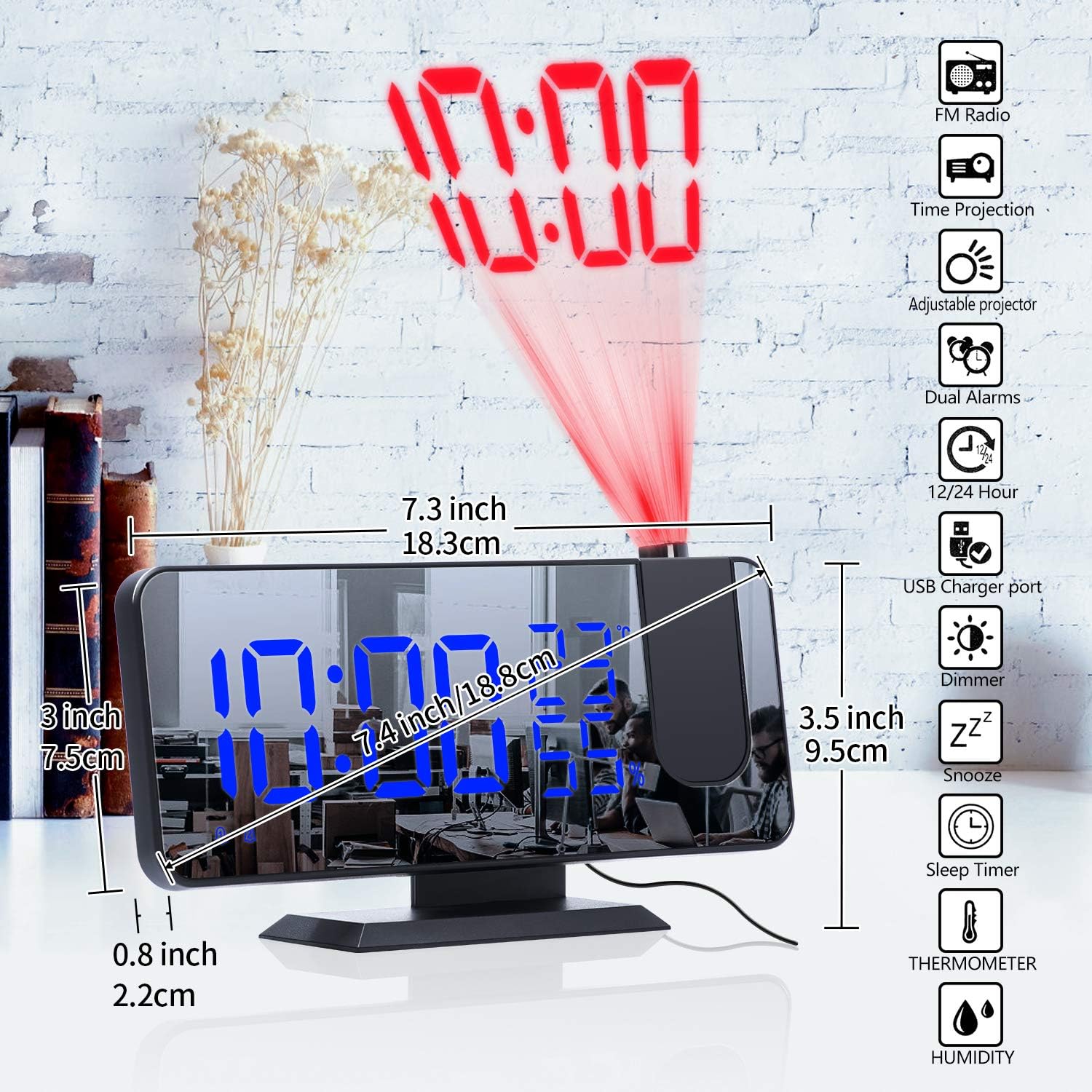 Reloj despertador digital de proyección para dormitorios, radio reloj despertador en techo, puerto de carga USB, pantalla de temperatura y humedad,