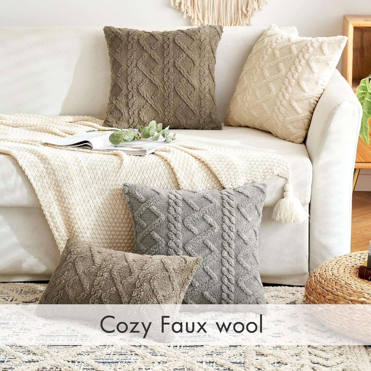 MIULEE Paquete de 2 fundas de almohada decorativas de lana sintética suave, mullida, de forro polar corto, cuadradas, fundas de cojín sólidas para
