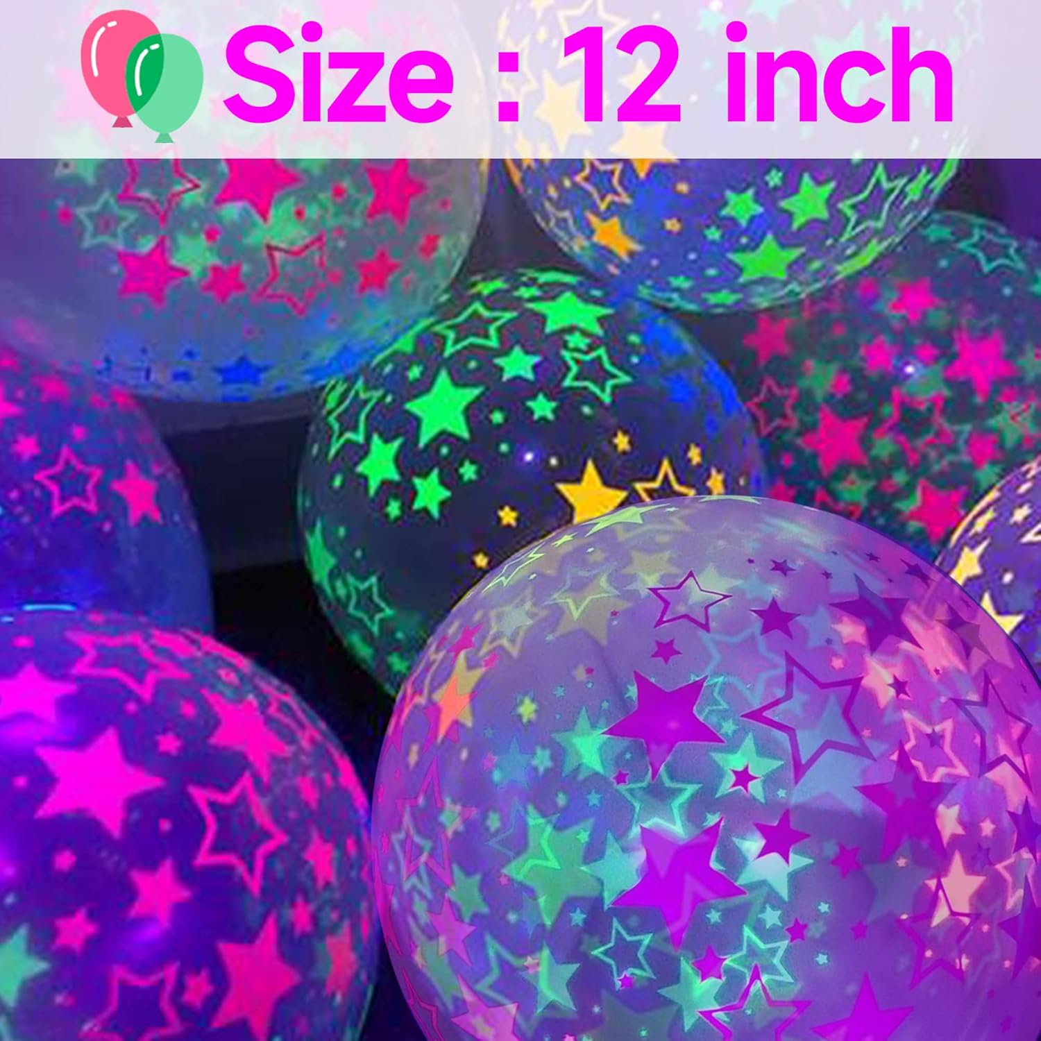 90 globos de neón UV, globos de fiesta con estrellas de neón, globos de luz negra UV que brillan en la oscuridad para decoraciones de cumpleaños,