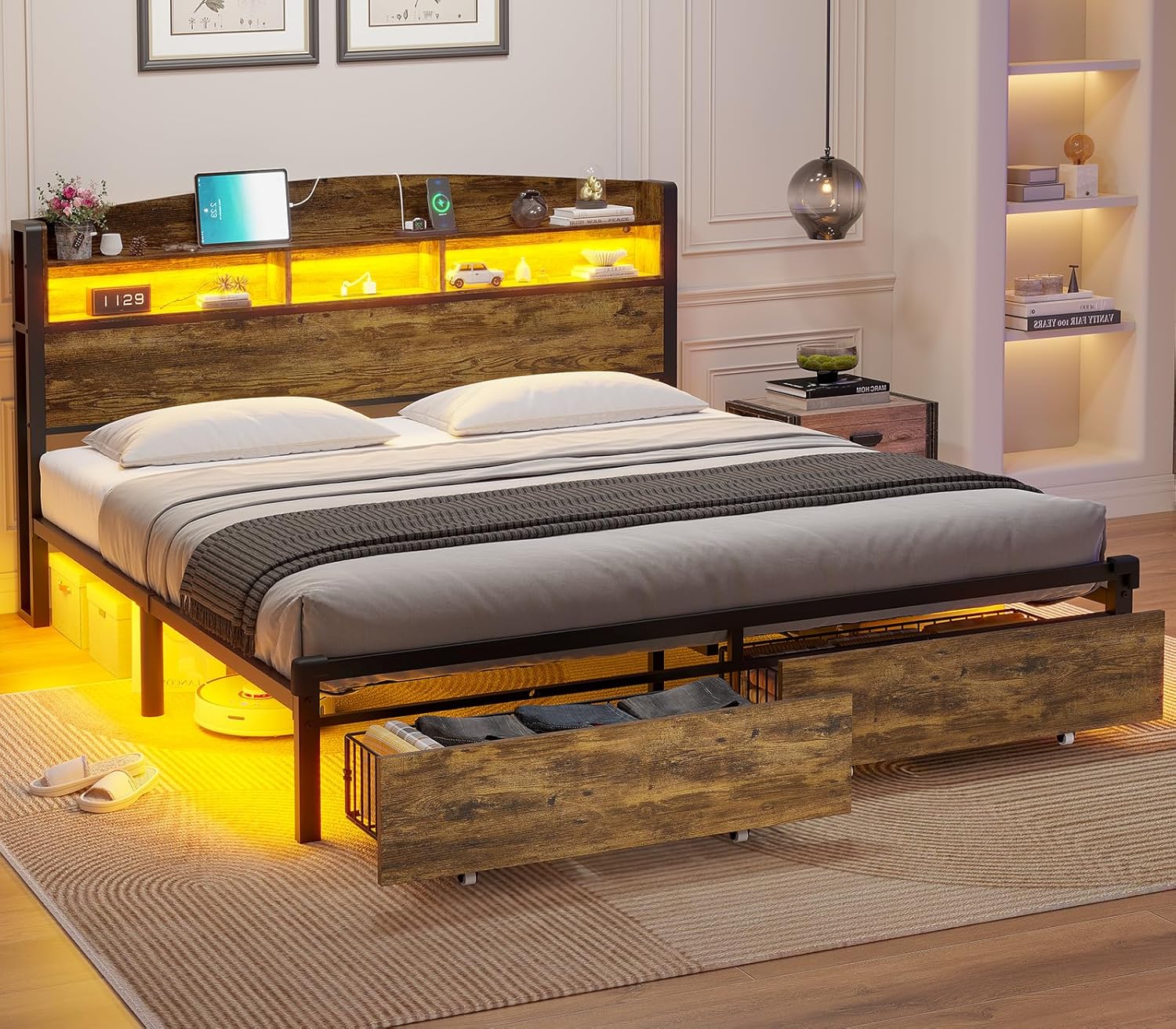 Base de cama tamaño Queen con cabecera de luz LED, estación de carga USB-CA, plataforma de metal con cajones de almacenamiento, cabecera de
