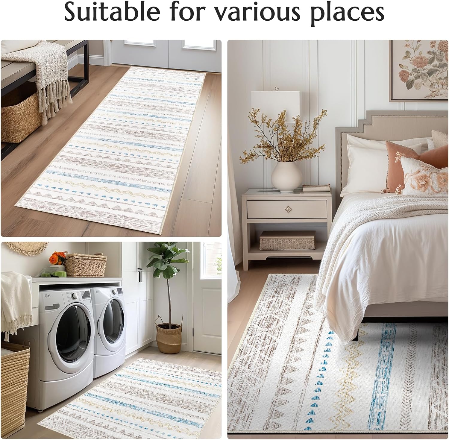 jinchan Alfombra de área ultrafina, lavable, marroquí, bohemia, antideslizante, no desprende pelusa, para sala de estar, dormitorio, oficina en