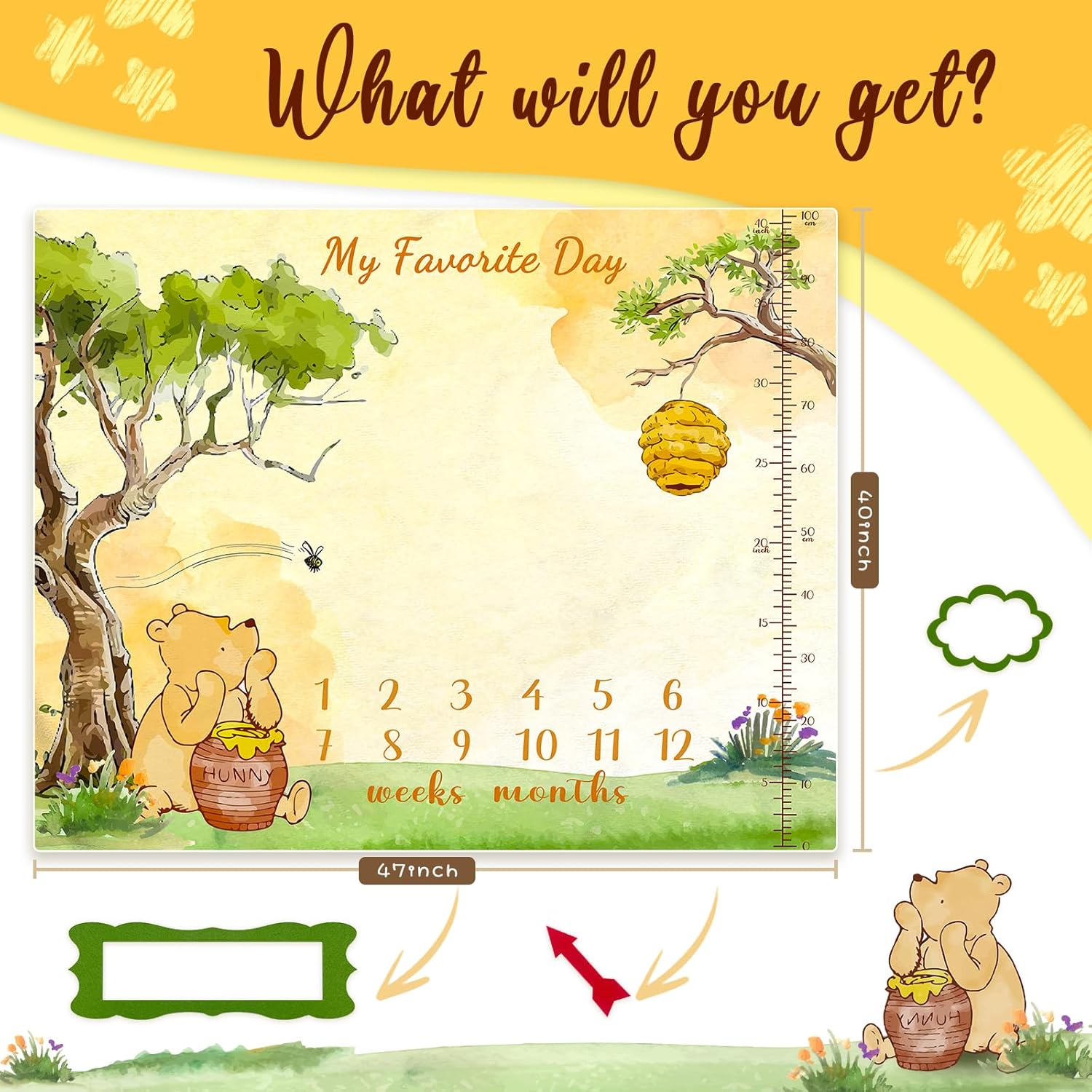 Manta clásica de Winnie Baby Monthly Milestone  Pooh Bear Baby Stuff Winnie Milestone Manta para decoración de guardería de bebé niño niña 47 x 40