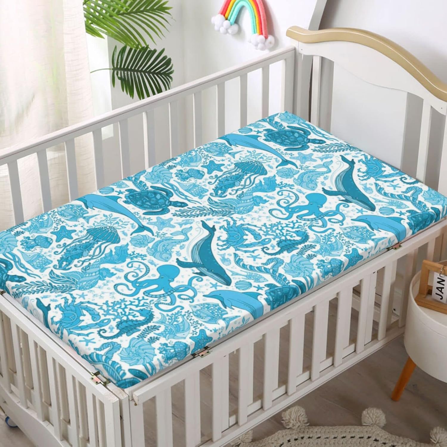 Sábana bajera ajustable para cuna con temática de ballenas, sábana bajera estándar para cuna, material ultra suave, sábana de colchón para cuna o