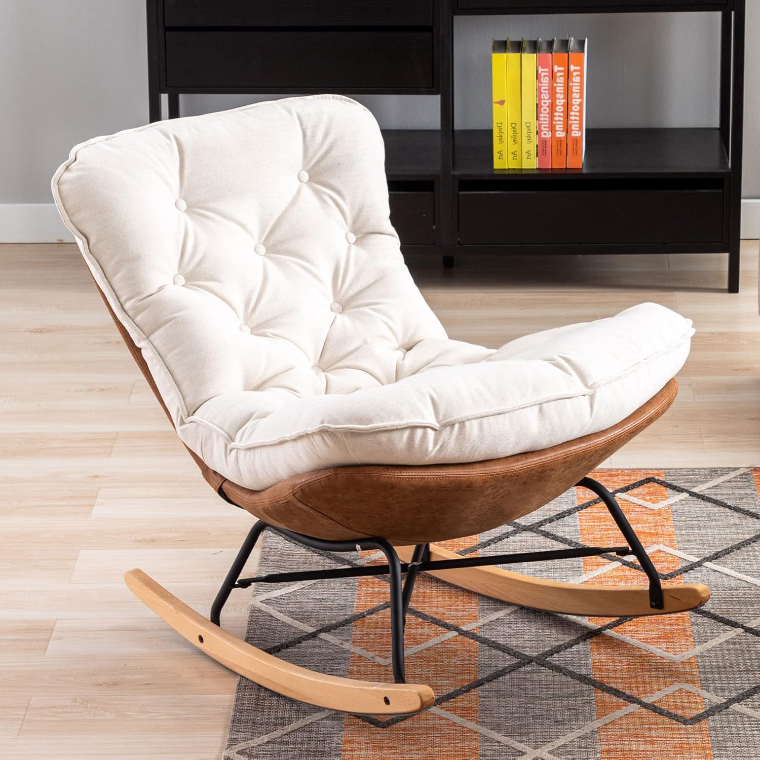 DM Furniture Mecedora grande tapizada de lino para guardería, silla reclinable para dormitorio, sala de estar, lectura, color marfil