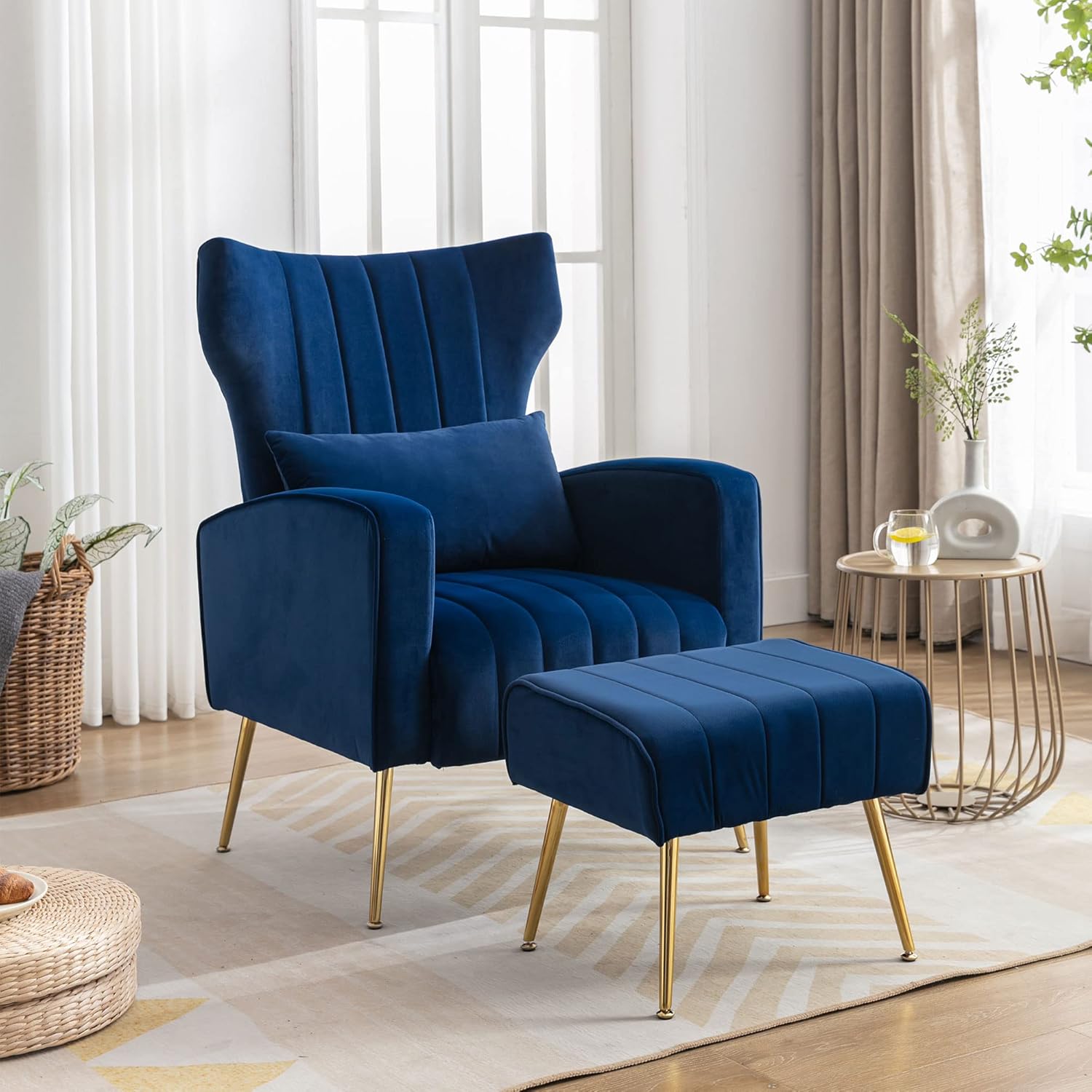 DM Furniture Silla decorativa con terciopelo otomano, moderna silla de club con respaldo alado, sillón de lectura tapizado con patas de metal dorado