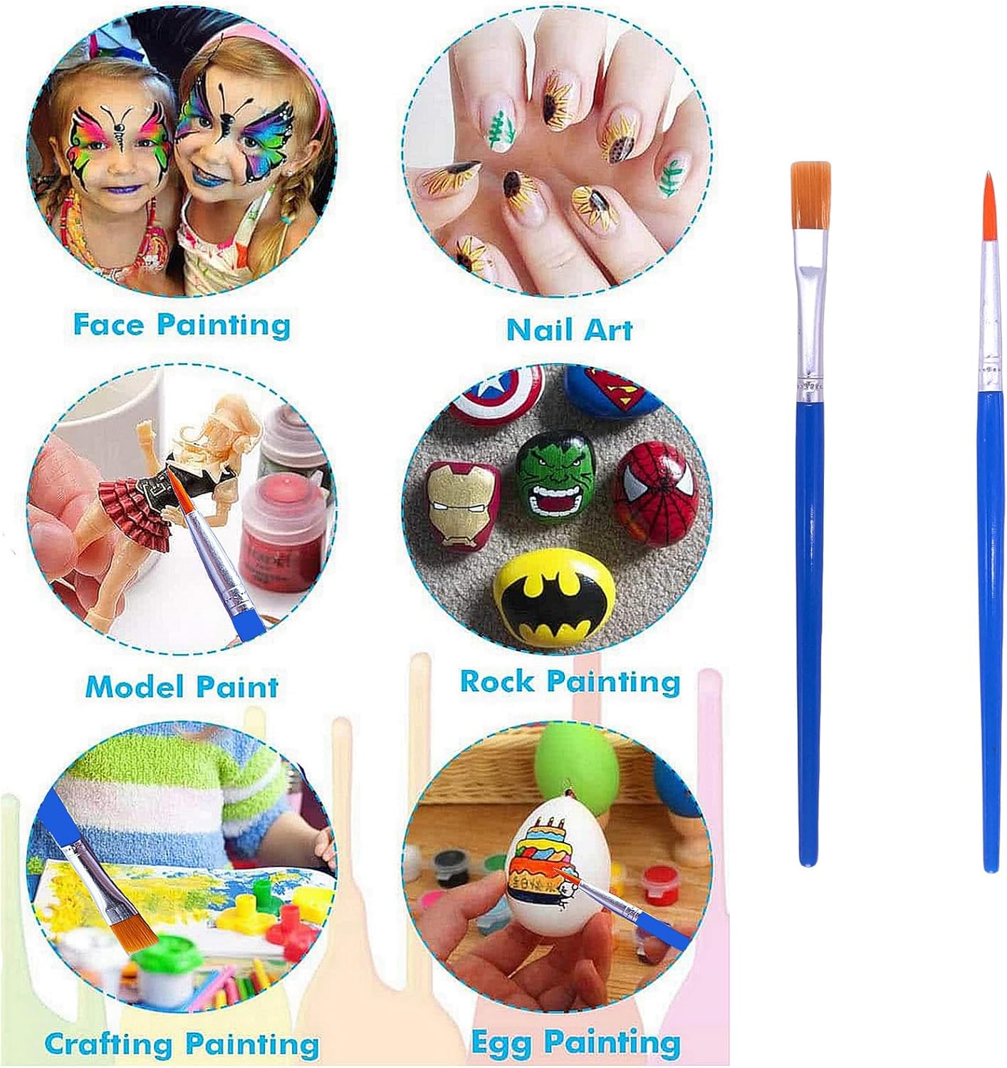 60 pinceles pequeños de mango corto para niños, adolescentes, pinceles a granel para pintura de detalles (30 planos + 30 redondos)