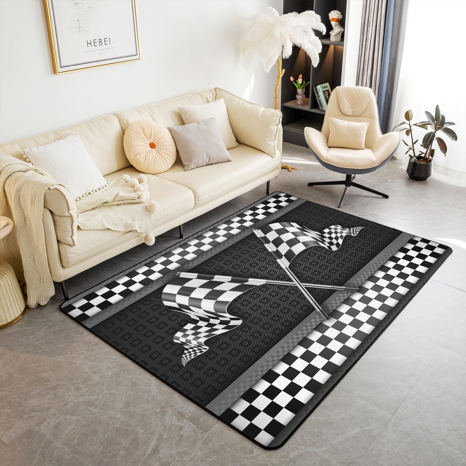 Alfombra temática de coche de carreras de 5 x 6 pies 6 pulgadas, decoración de bandera a cuadros blancos y negros que no se desprende, para