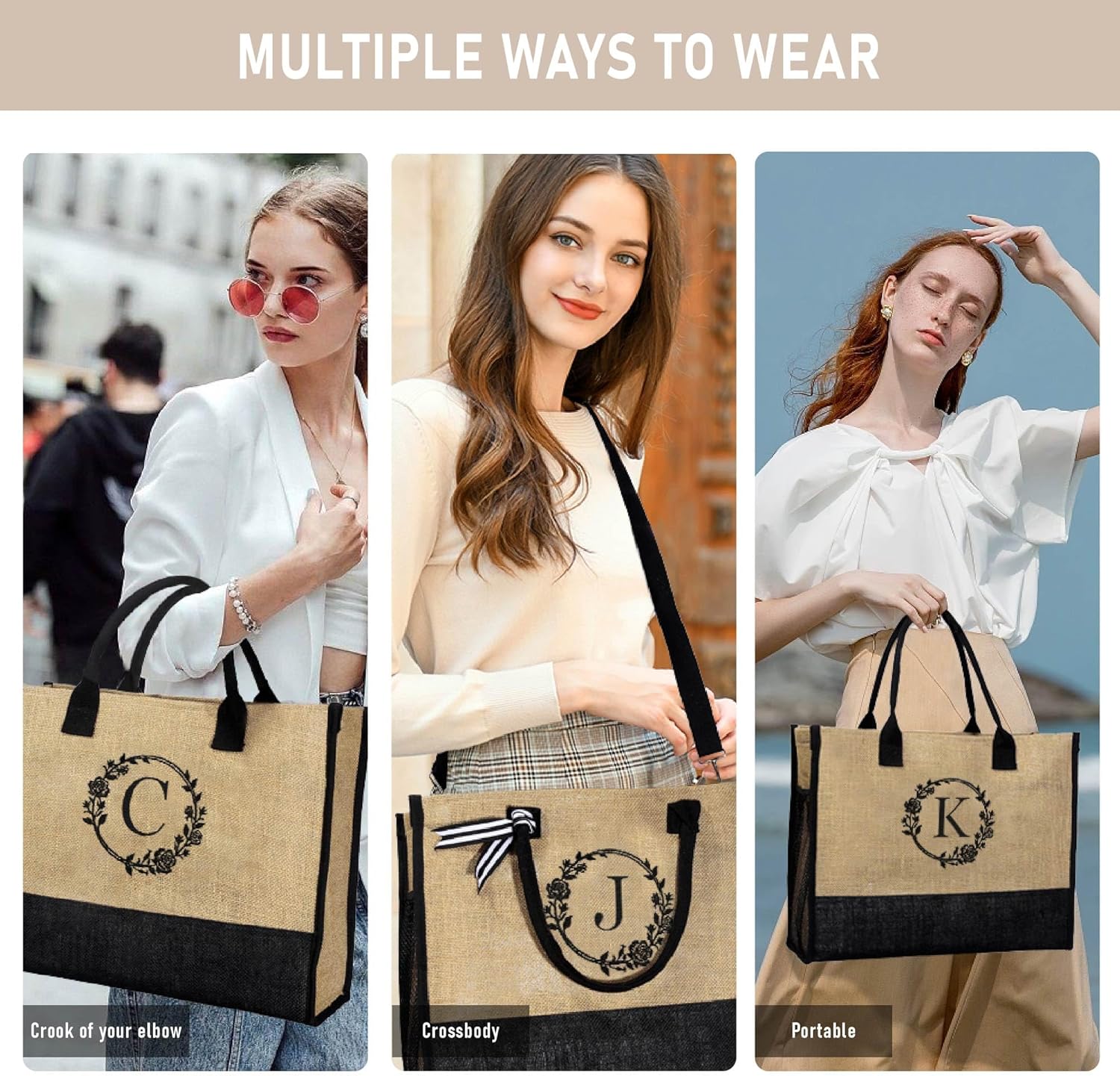 Bolsa de yute con inicial, bolsa de maquillaje con cremallera y correa ajustable, regalos personalizados para mujeres y cumpleaños