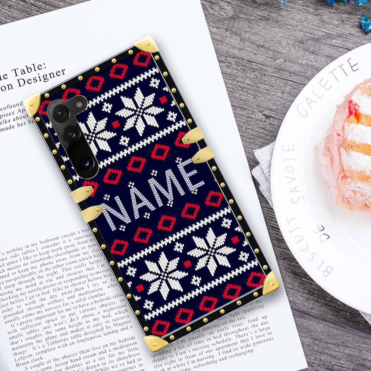 DAIZAG Funda de teléfono azul con diseño de copos de nieve de Navidad, diseño cuadrado dorado para funda de regalo, compatible con Samsung Galaxy