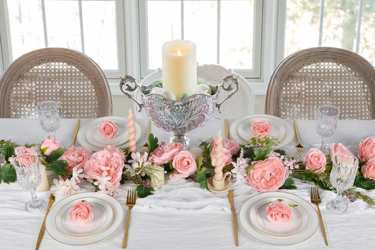 Artiflr Paquete de 2 guirnaldas de peonías artificiales, guirnalda de flores de 12 pies, guirnalda de rosas con flores de peonía mixtas y hojas