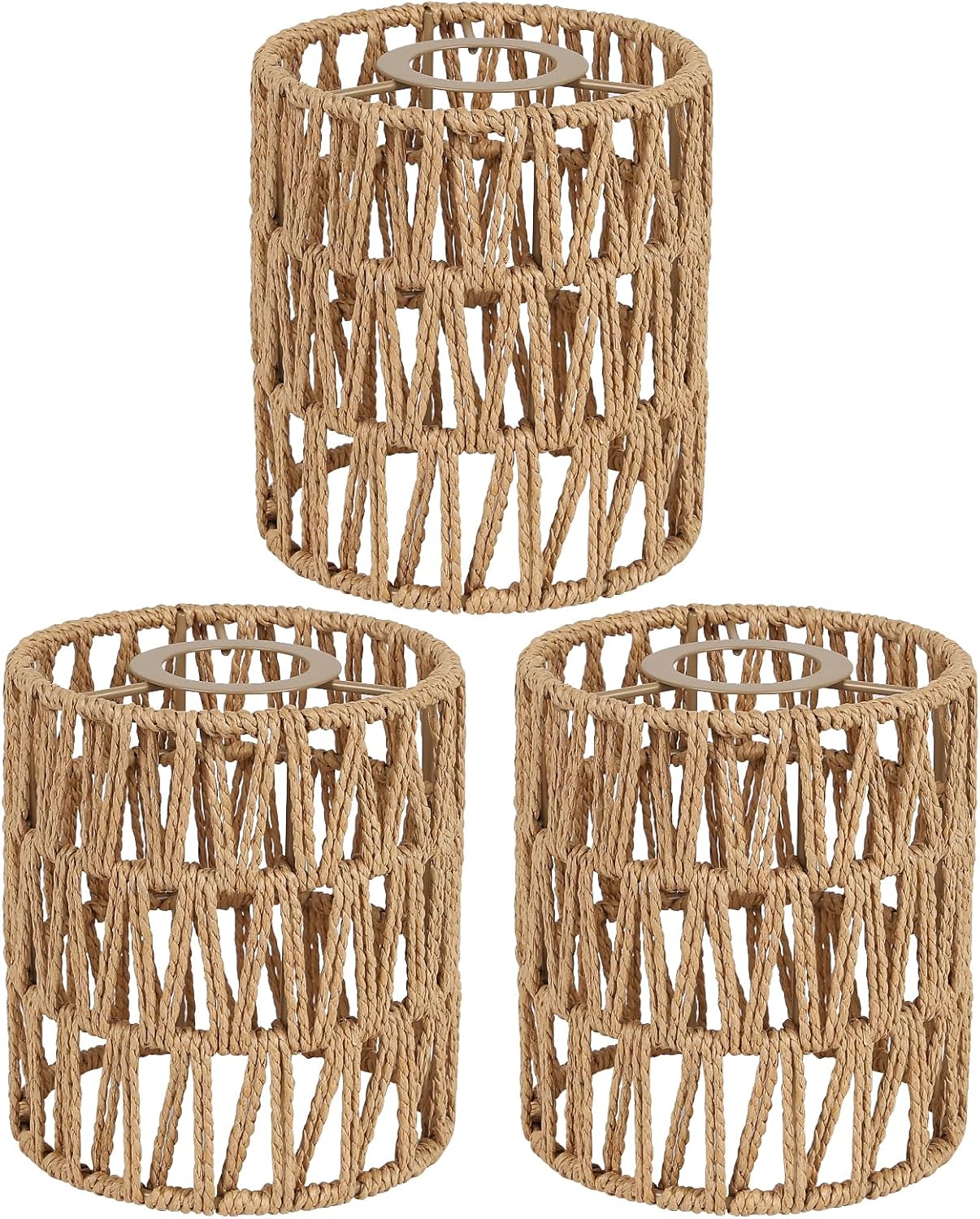Paquete de 3 pantallas de lámpara de ratán, pequeñas pantallas de lámpara bohemia, 5.9 pulgadas de altura, 5 pulgadas de diámetro, adaptador de 1.53