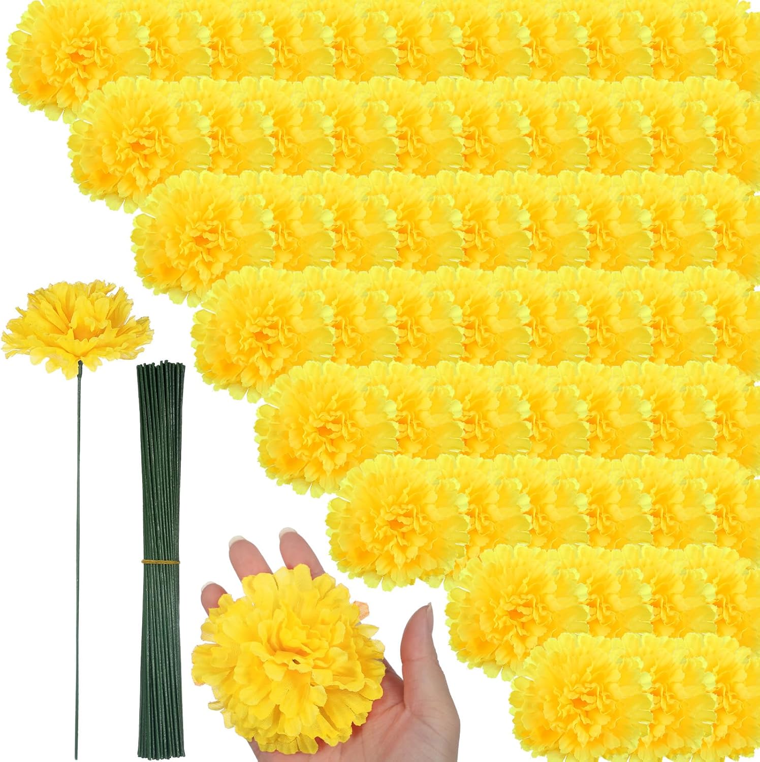Cindeer Paquete de 200 flores artificiales de caléndula con tallos a granel de 3.5 pulgadas, caléndulas falsas de caléndula de seda para bricolaje,