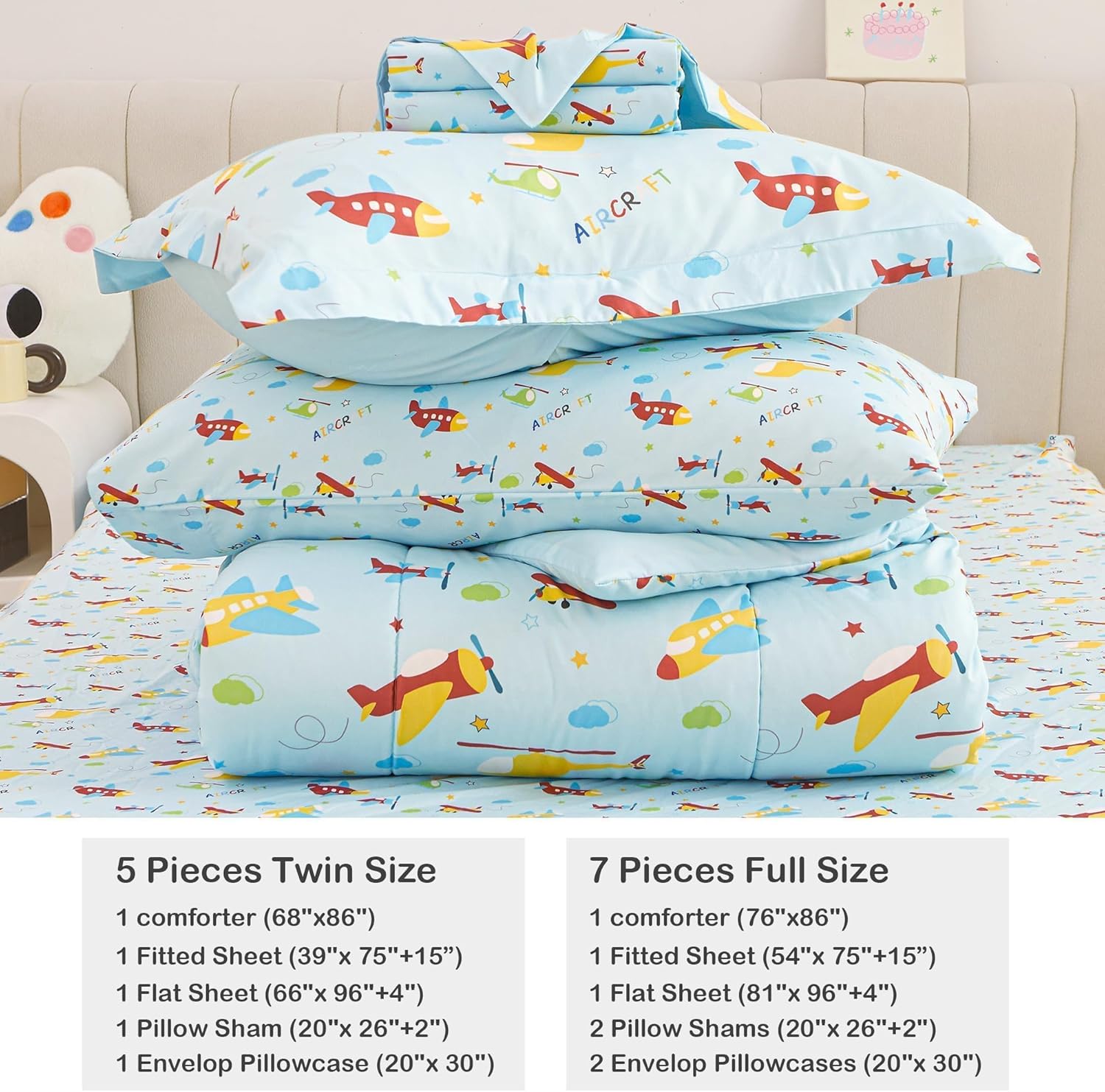 Mooreeke Juego de cama en una bolsa para niños y adolescentes, juego de cama de 5 piezas con estampado de aviones de tamaño individual con fundas,