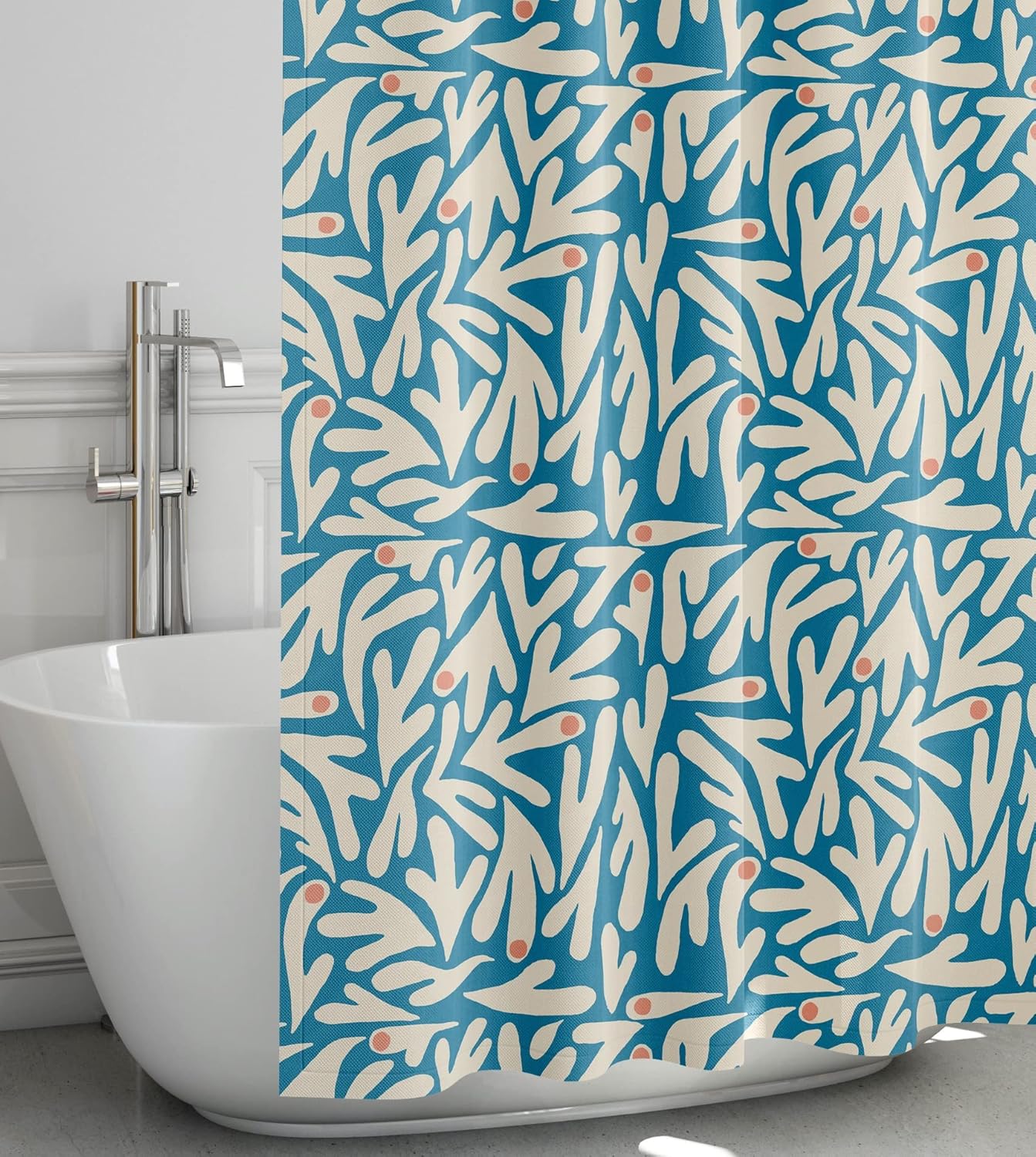 Matisse – Cortina de ducha de tela moderna bohemia azul y blanca, cortina de ducha de arte floral abstracto, 72 x 72 pulgadas (Matisse)