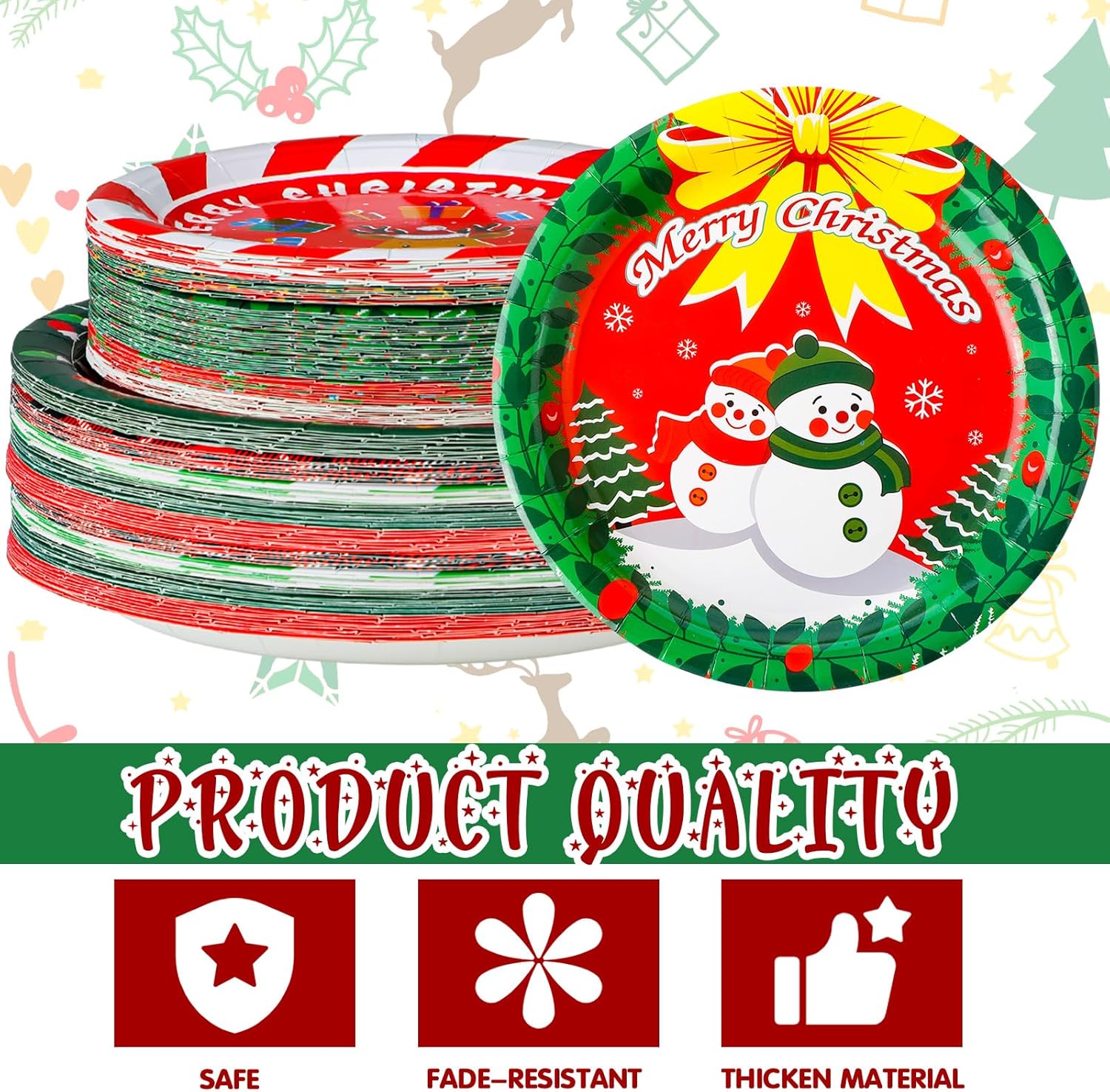 100 platos de papel de Navidad, redondos, desechables, suministros de fiesta de Navidad con colorido diseño de árbol de Papá Noel, alce, muñeco de