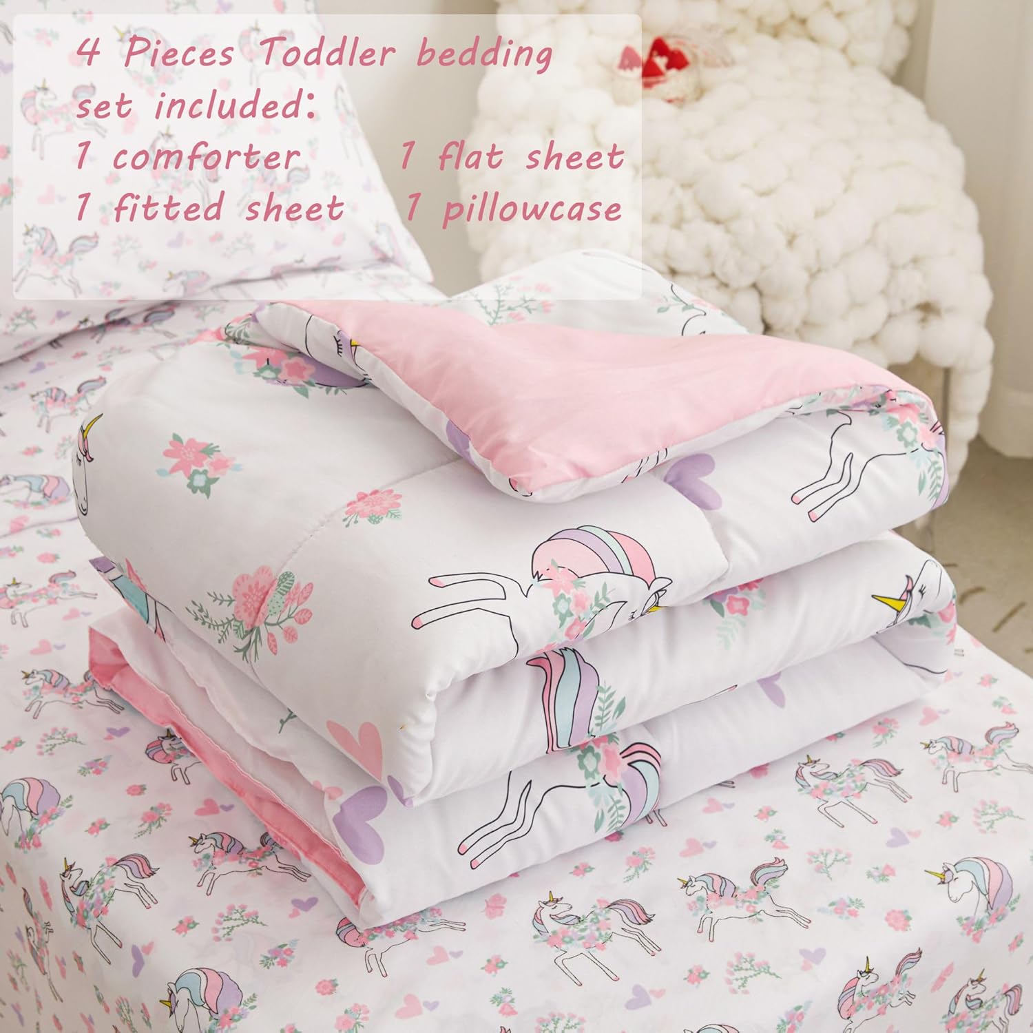 Viviland Juego de edredón de unicornio para niñas pequeñas, juego de ropa de cama de microfibra suave para niños pequeños