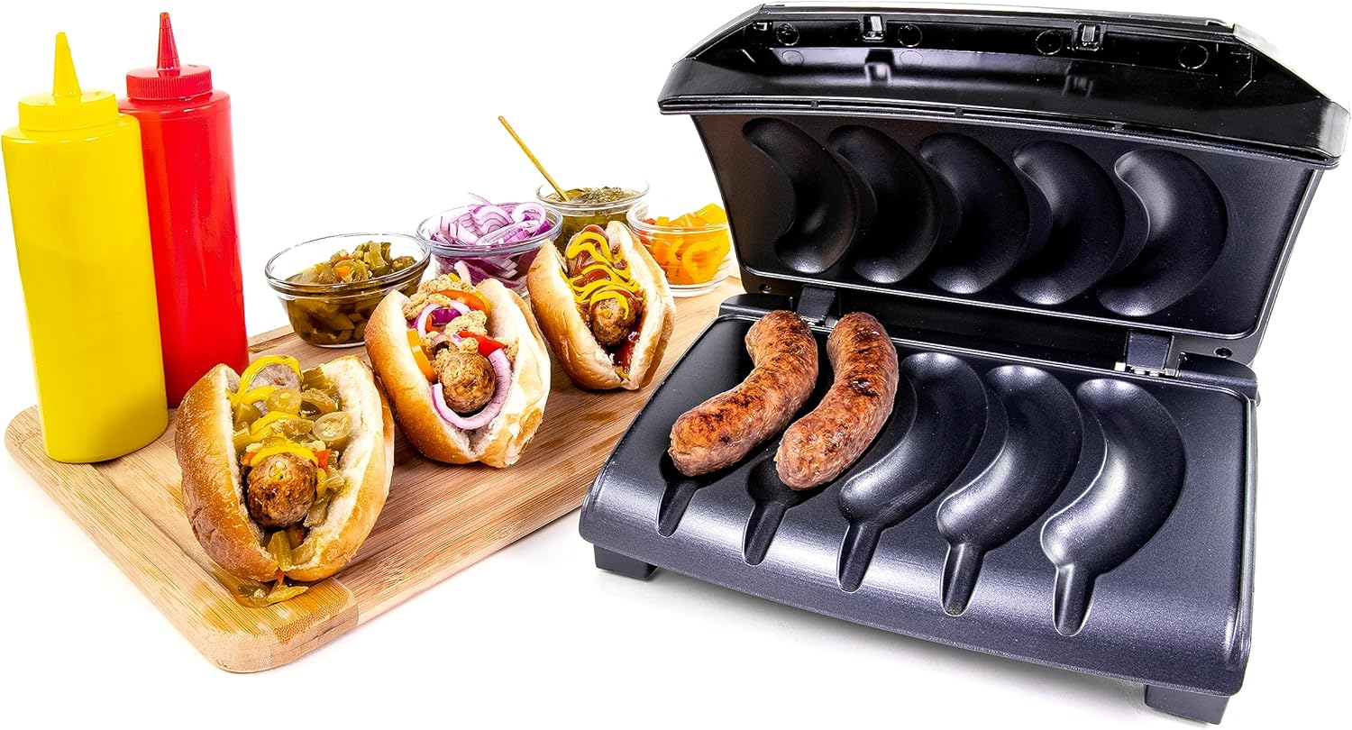 Homecraft – Parrilla eléctrica para salchichas y mocosos con bandeja de goteo de aceite, asa de transporte y almacenamiento de cables, hasta 5