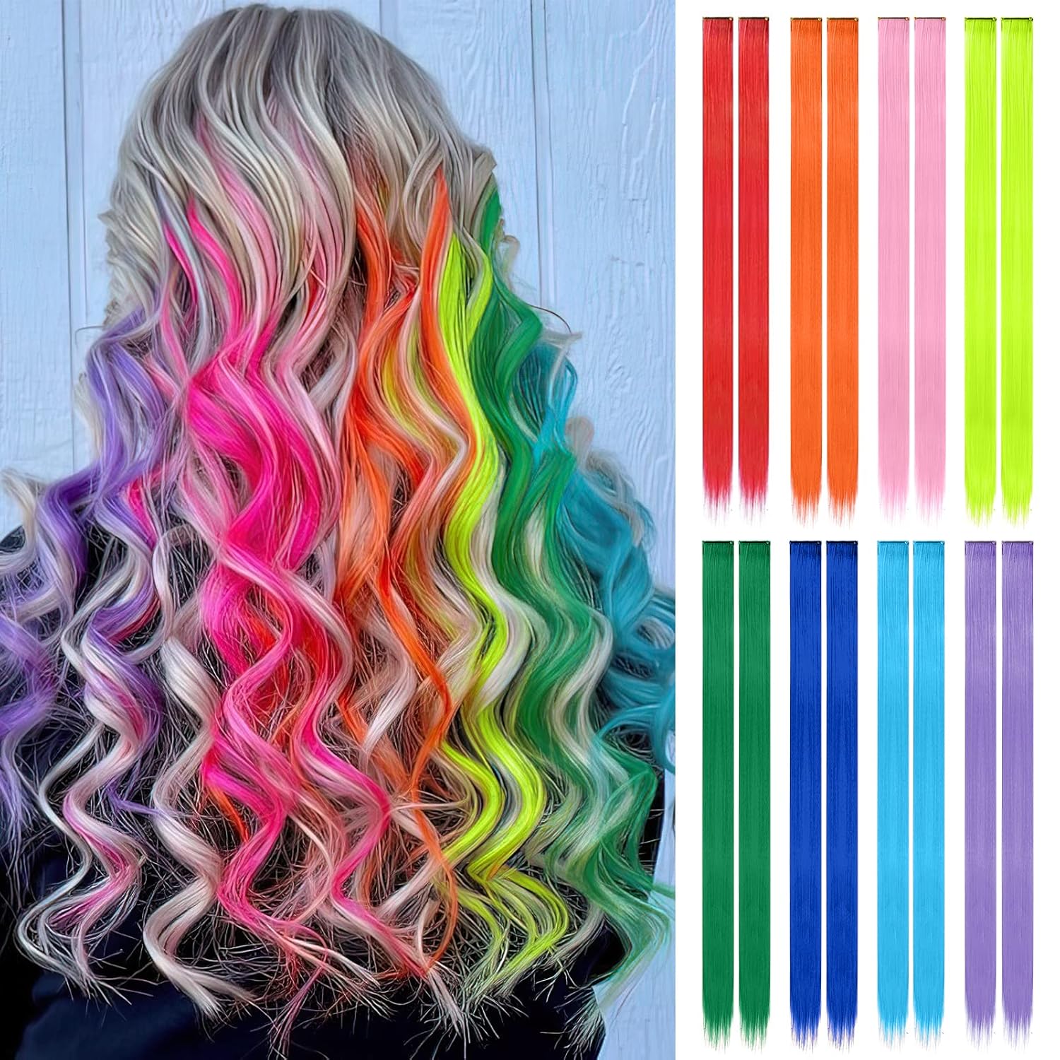 FESHFEN Extensiones de cabello de colores, 16 piezas de 8 colores arcoíris para mujer, extensiones de cabello lacio colorido con clip, disfraces de