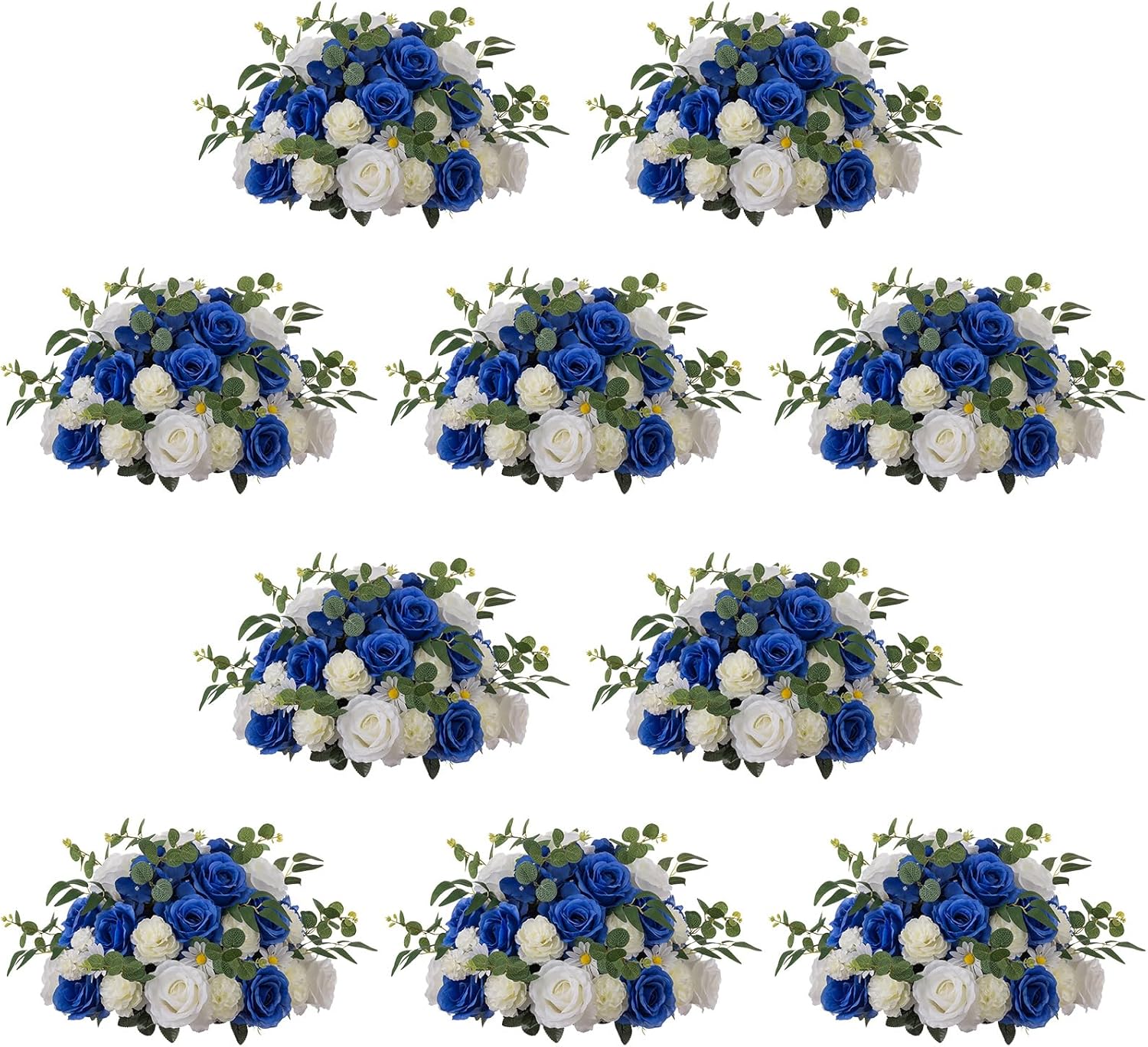 NUPTIO Ramo de arreglo de bolas de flores, 10 unidades de 17.7 pulgadas de diámetro, flores falsas azul real y blanco, bolas de rosas para centros