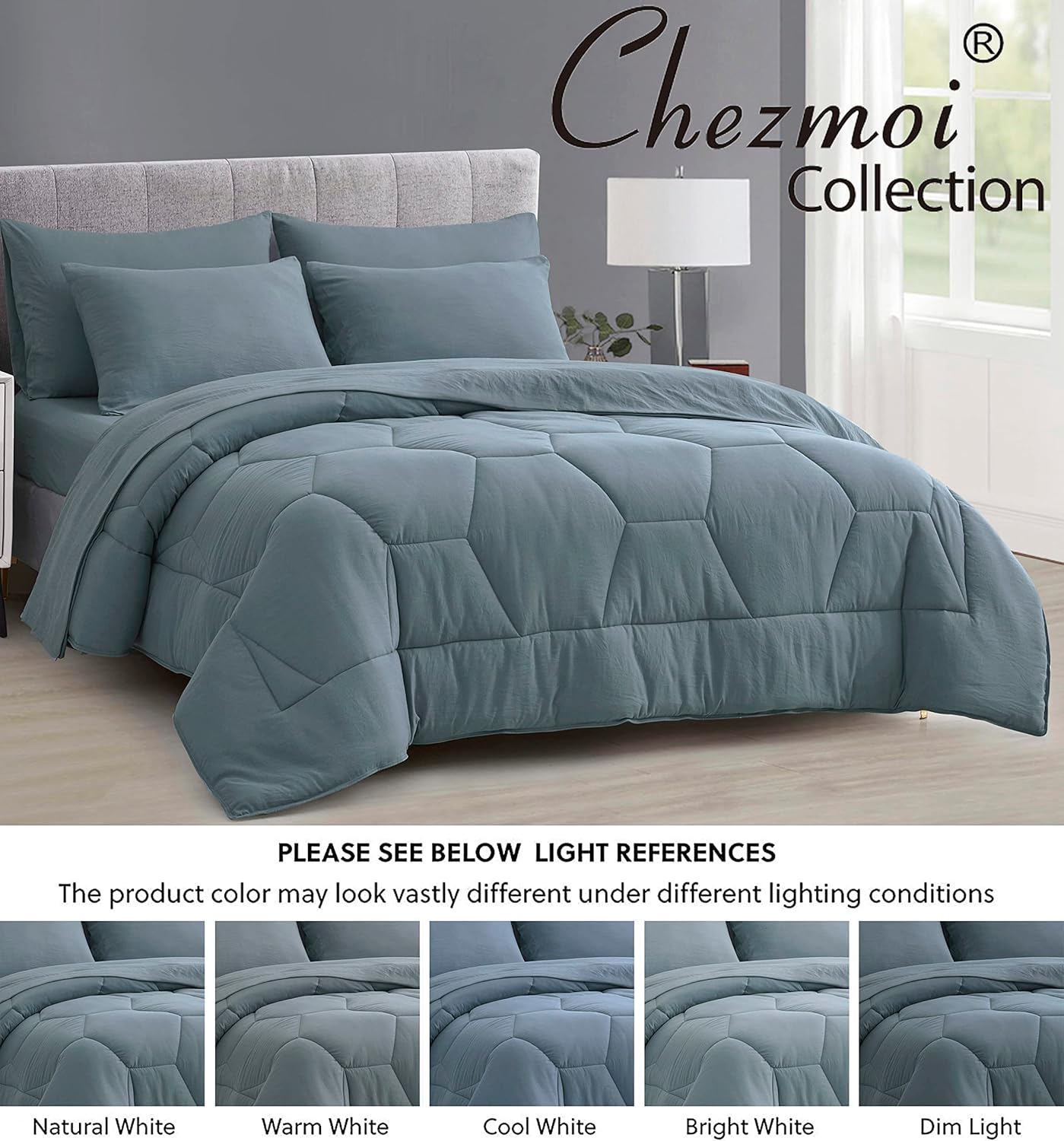 Chezmoi Collection Piper – Juego de cama matrimonial en una bolsa, 7 piezas, acolchado hexagonal de panal de abeja, suave lavado, microfibra de