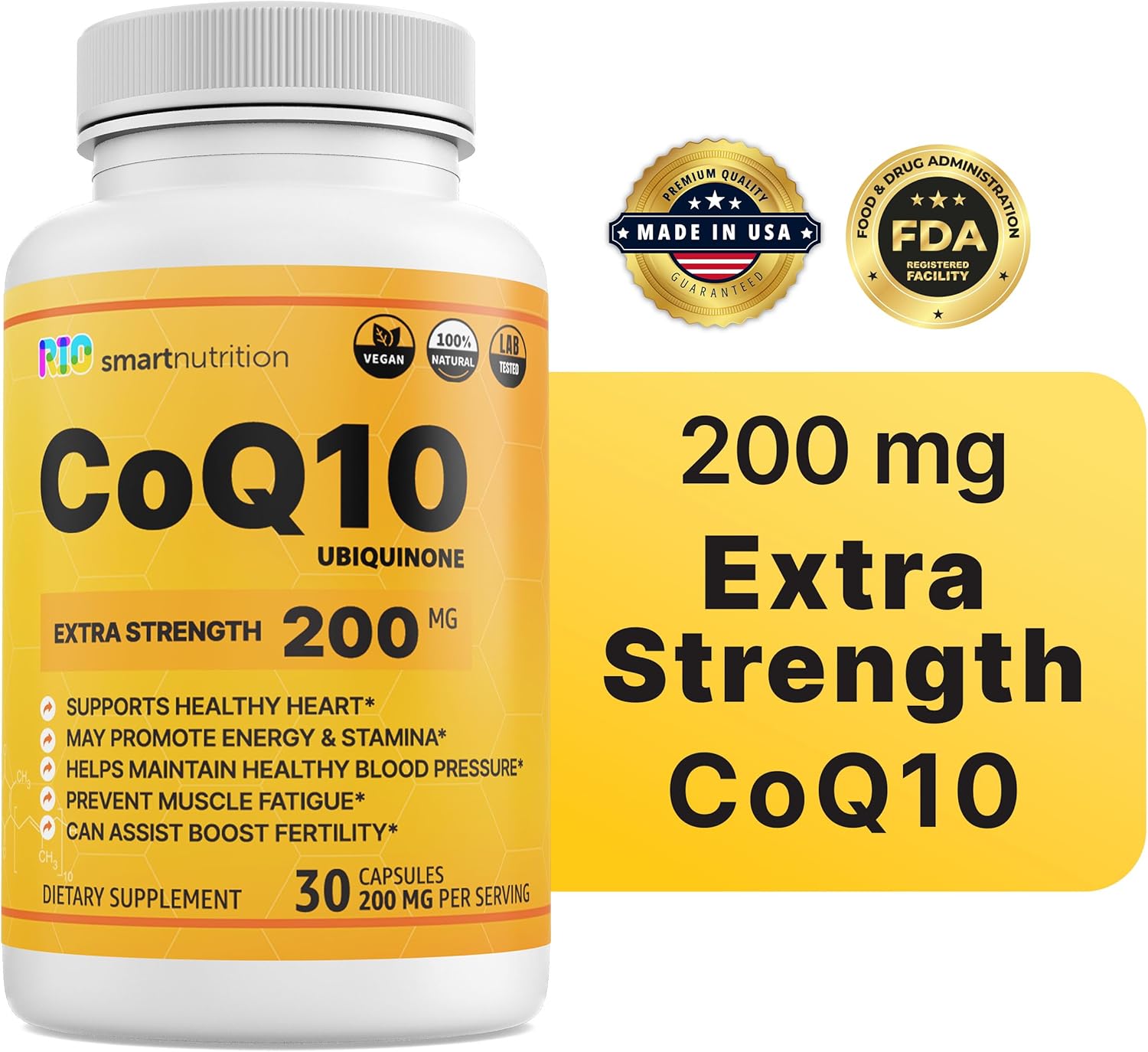 Rio CoQ10 Extra Strength 200mg – Coenzima Q10 – Suplemento antioxidante para la salud vascular y cardíaca y producción de energía – 30 cápsulas