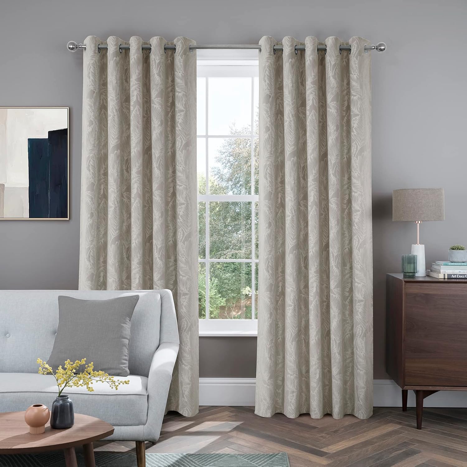 always4u Cortinas de terciopelo en relieve, hojas de plátano, cortinas florales de terciopelo para sala de estar, dormitorio, 2 paneles, beige, 52 x