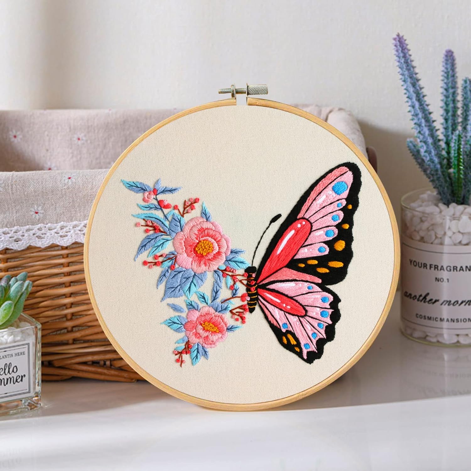 Santune Kit de bordado para principiantes y adultos, kit de punto de cruz para principiantes, bordado a mano con patrones de mariposas e