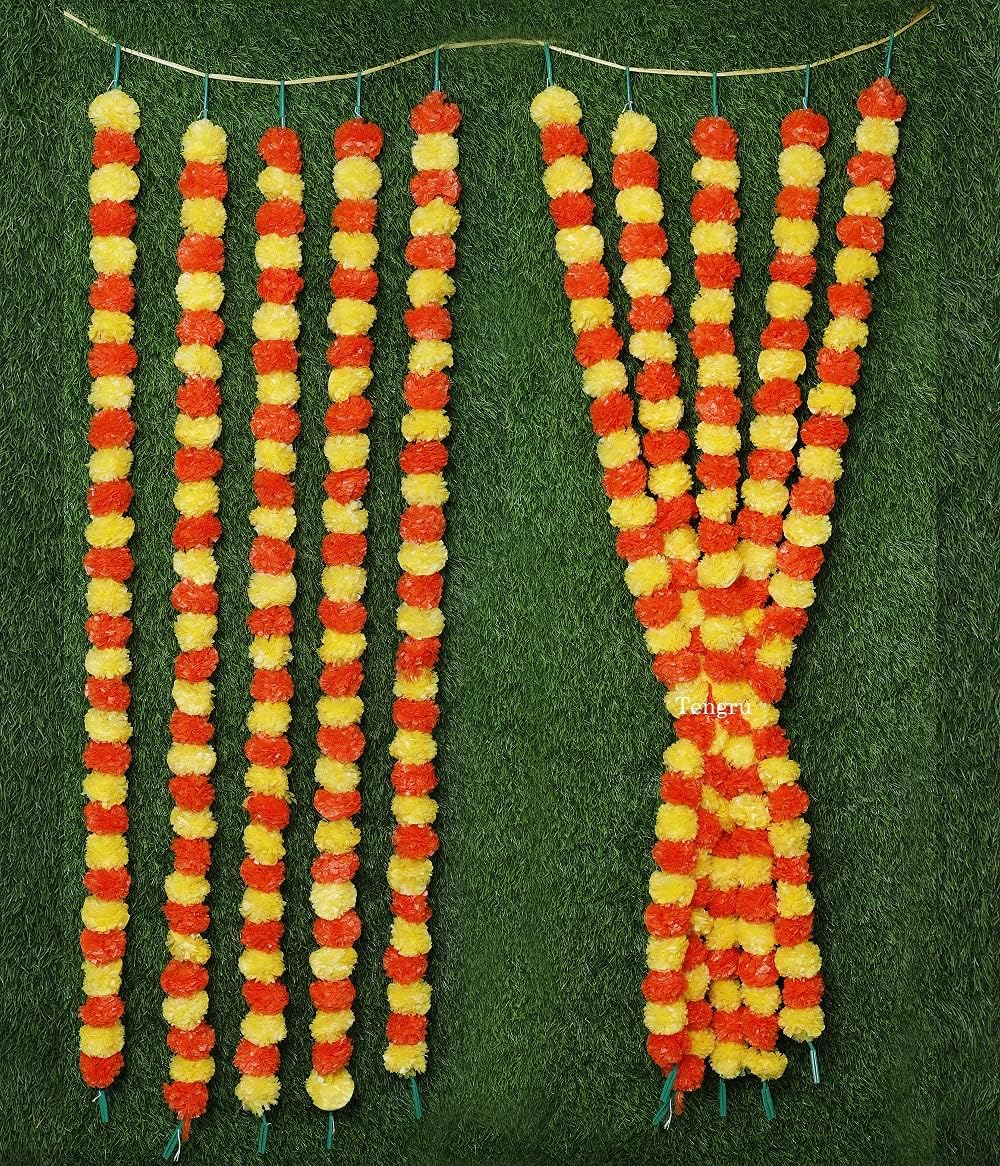 Tengru 20 guirnaldas de caléndula de 5 pies para decoración de flores artificiales para festivales, fiestas, bodas, Navidad, Año Nuevo, Diwali o