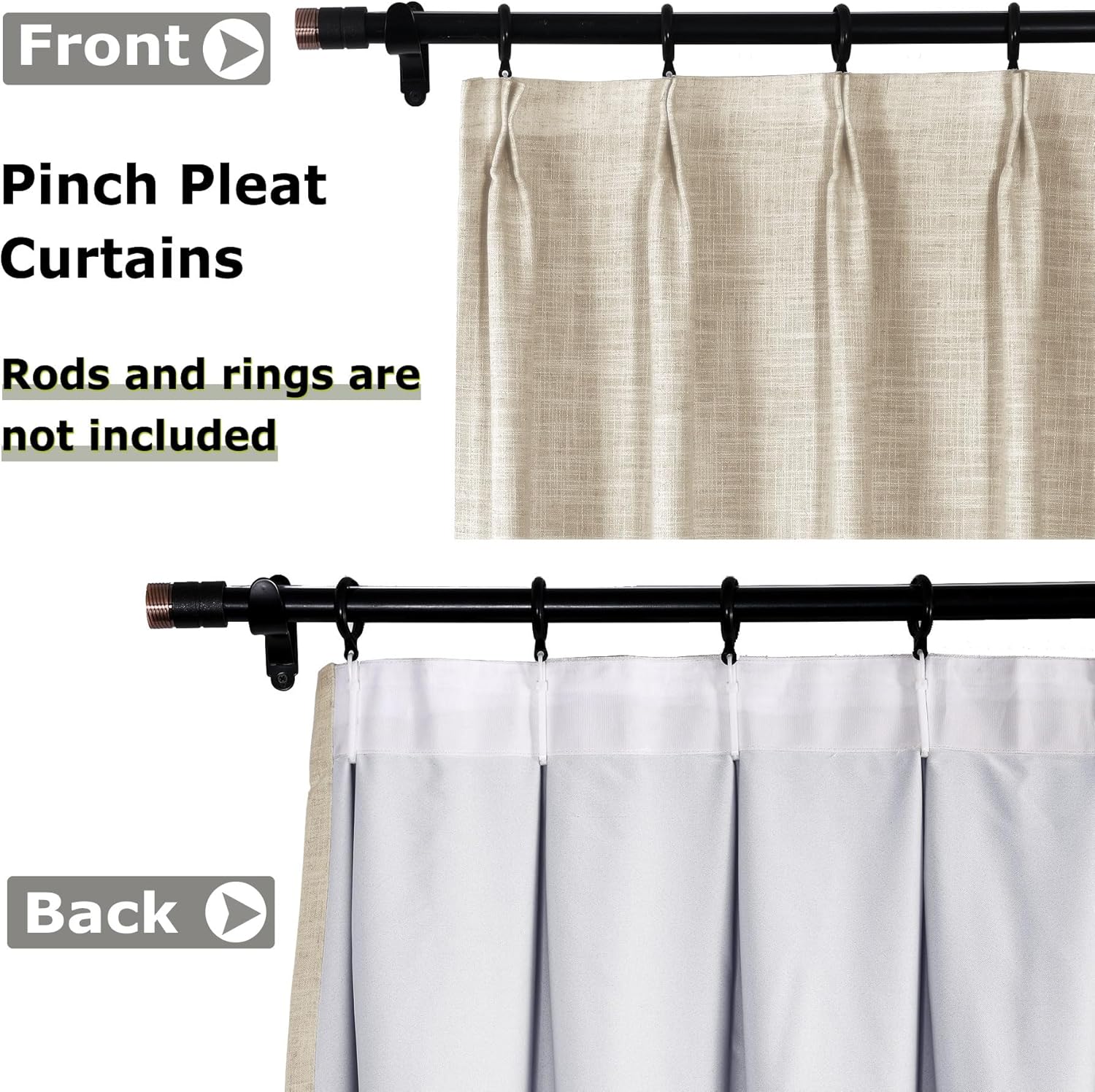 Cortinas 100% opacas de 52 pulgadas de ancho x 102 pulgadas de largo, cortina opaca plisada con forro de lino con alzapaños, cortinas de privacidad