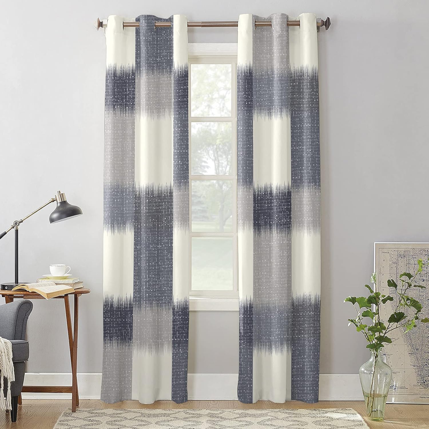 Libaoge Curtains Panels for Kitchen Modern Abstract Geometric Dark Blue Window Curtains Light Filtering Grommet Top Drapes for Bedroom Closet-Set of